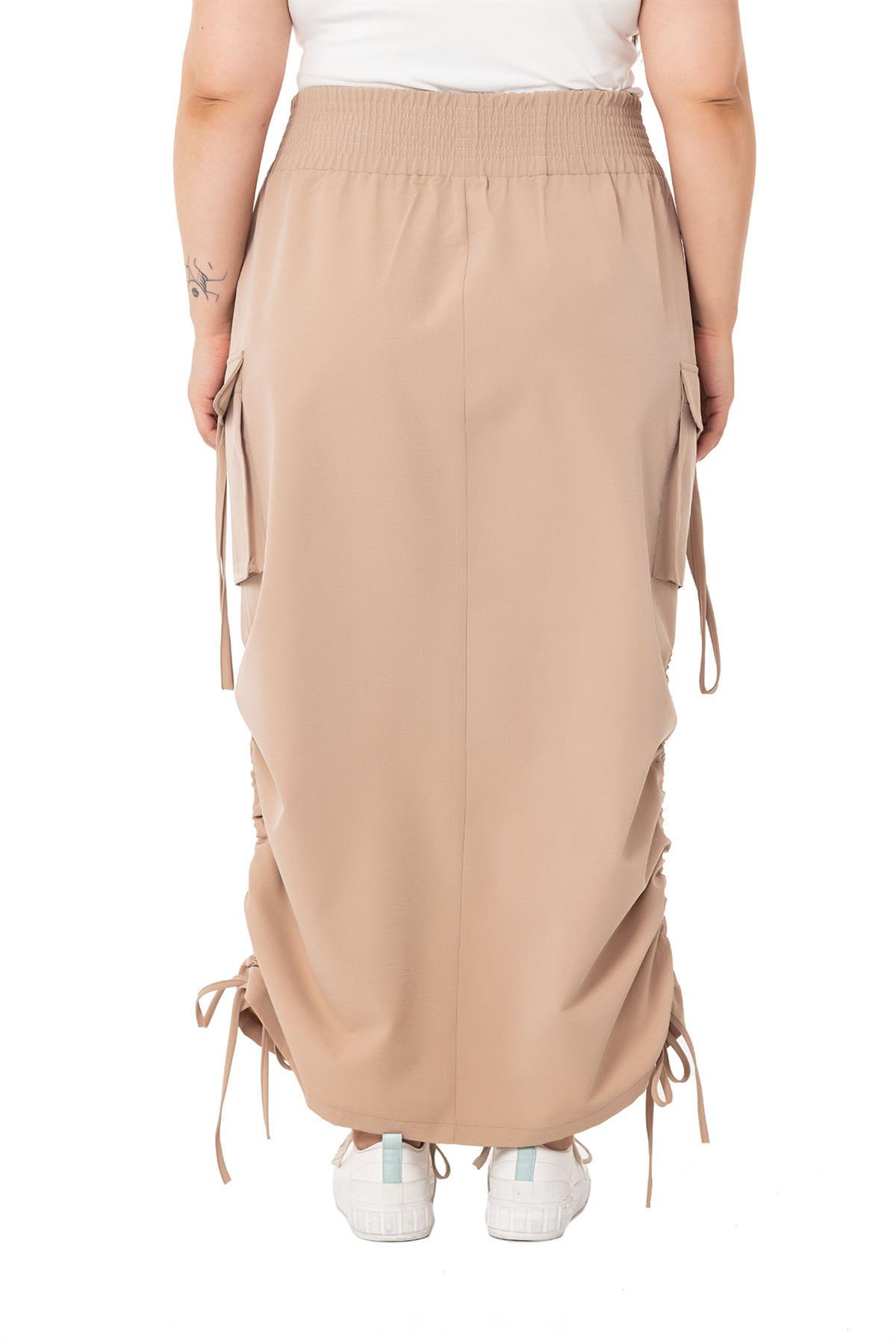 Plus Size Parachute Long Mink Skirt with Side Gather Detail and Elastic Waist
