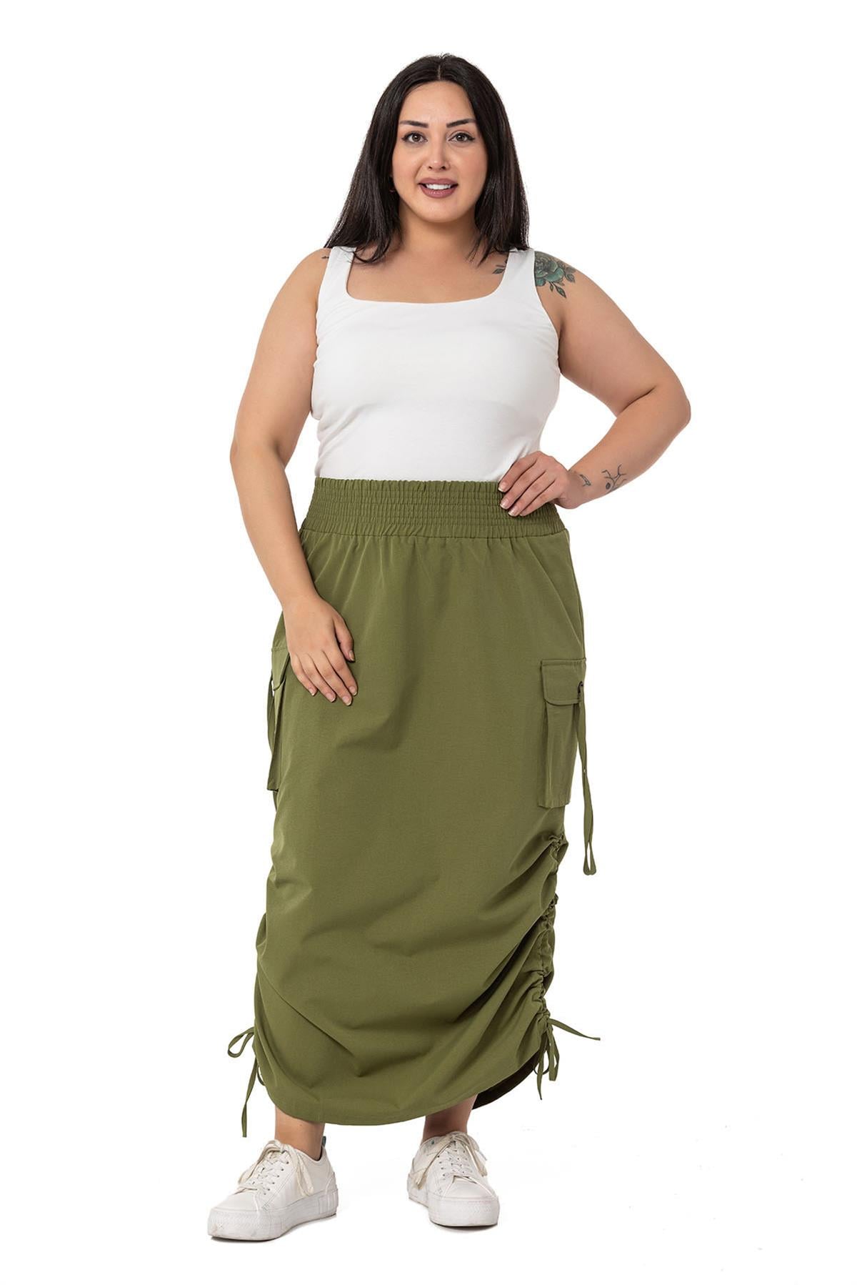 Plus Size Parachute Long Khaki Skirt with Side Gather Detail and Elastic Waist