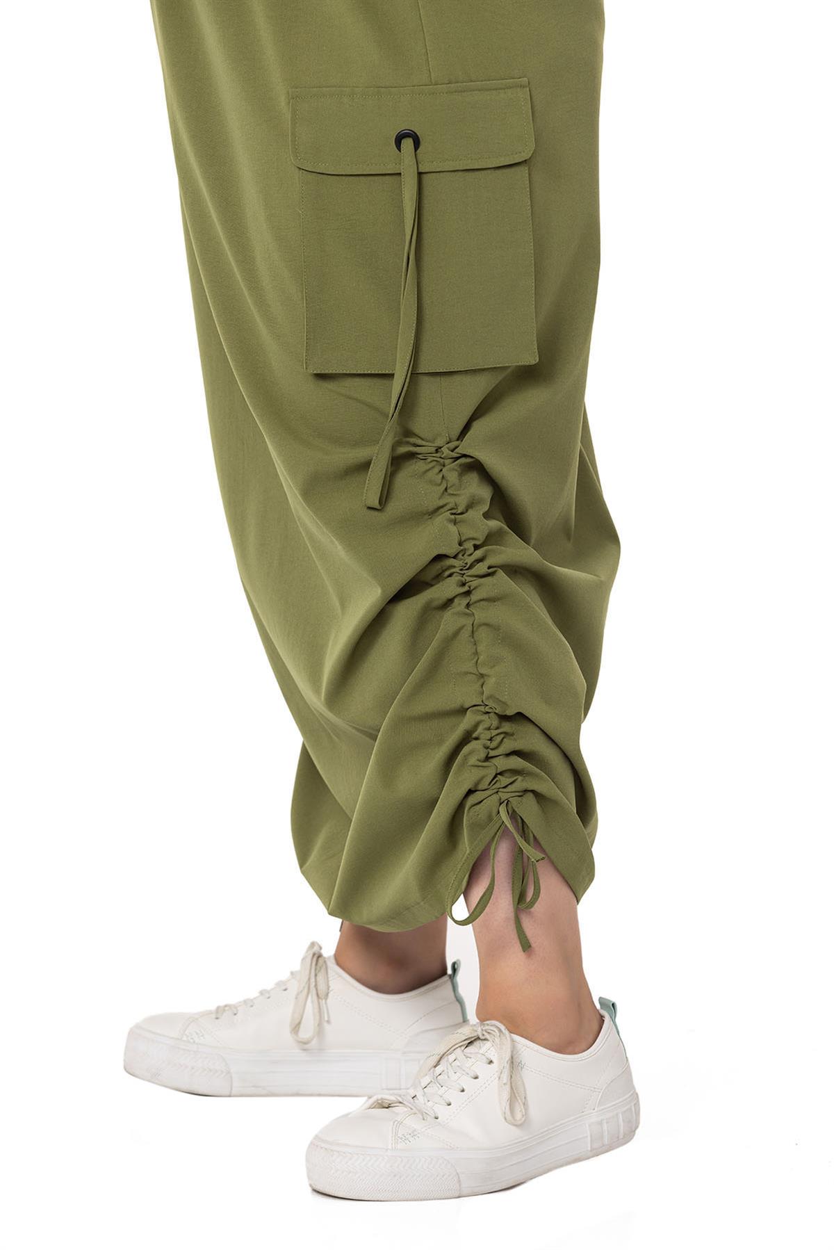 Plus Size Parachute Long Khaki Skirt with Side Gather Detail and Elastic Waist