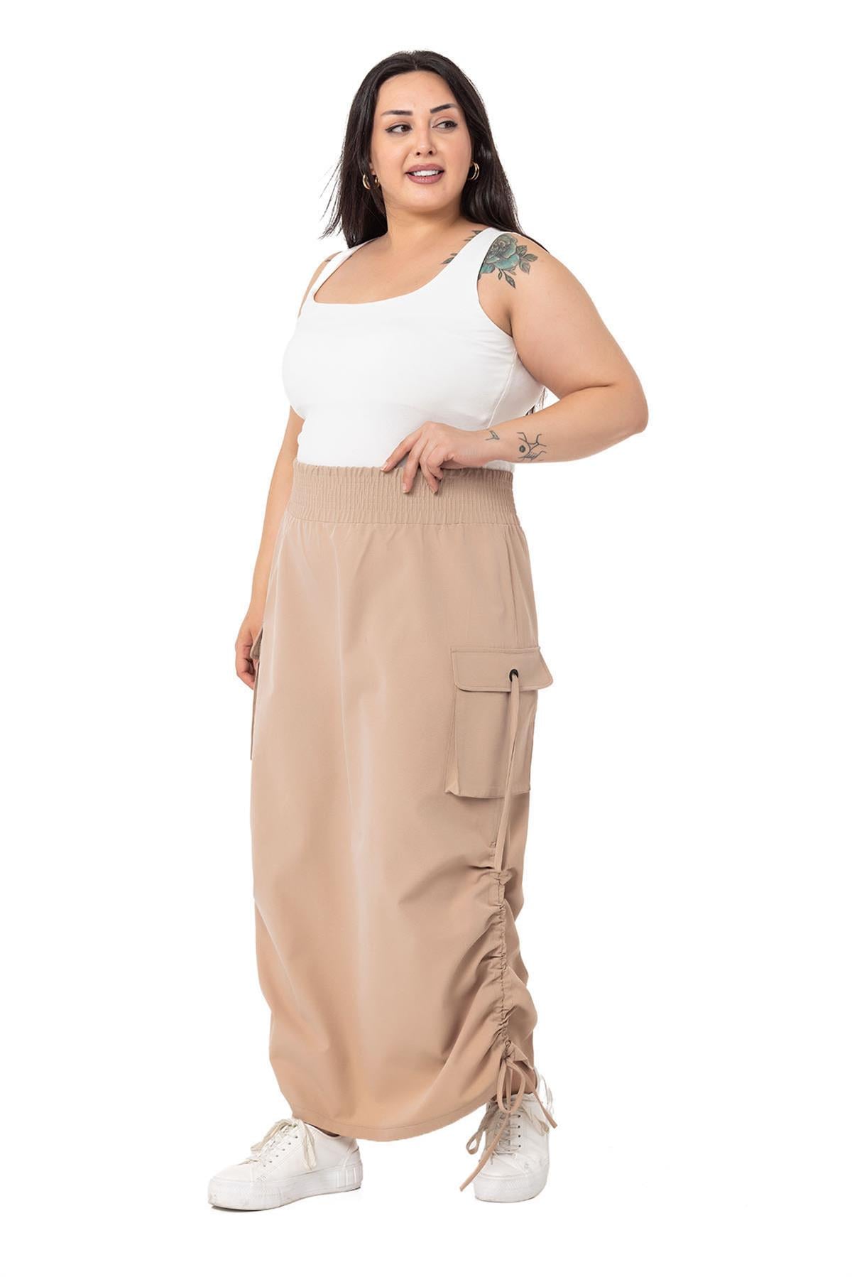 Plus Size Parachute Long Mink Skirt with Side Gather Detail and Elastic Waist