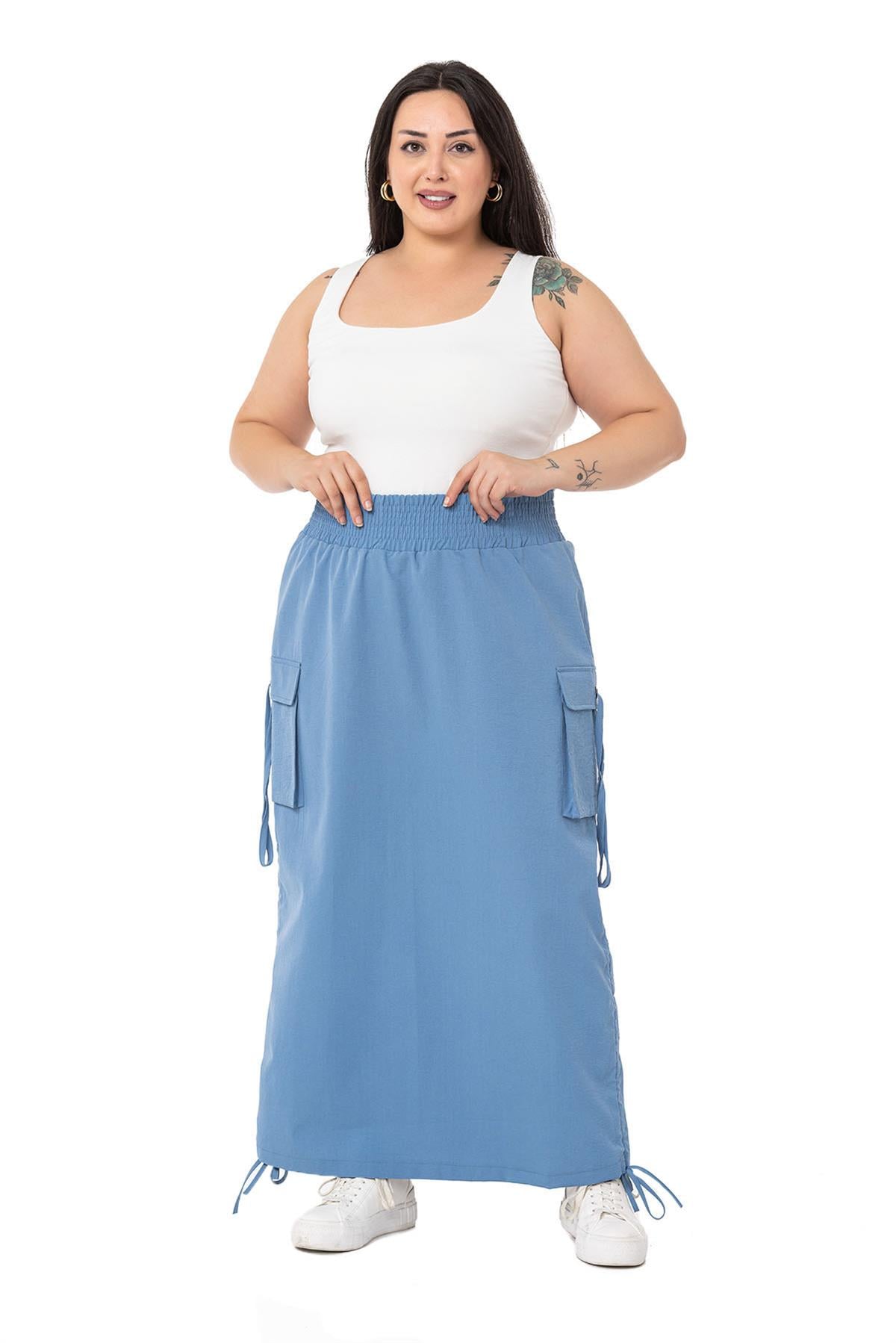 Plus Size Parachute Long Blue Skirt with Side Gather Detail and Elastic Waist