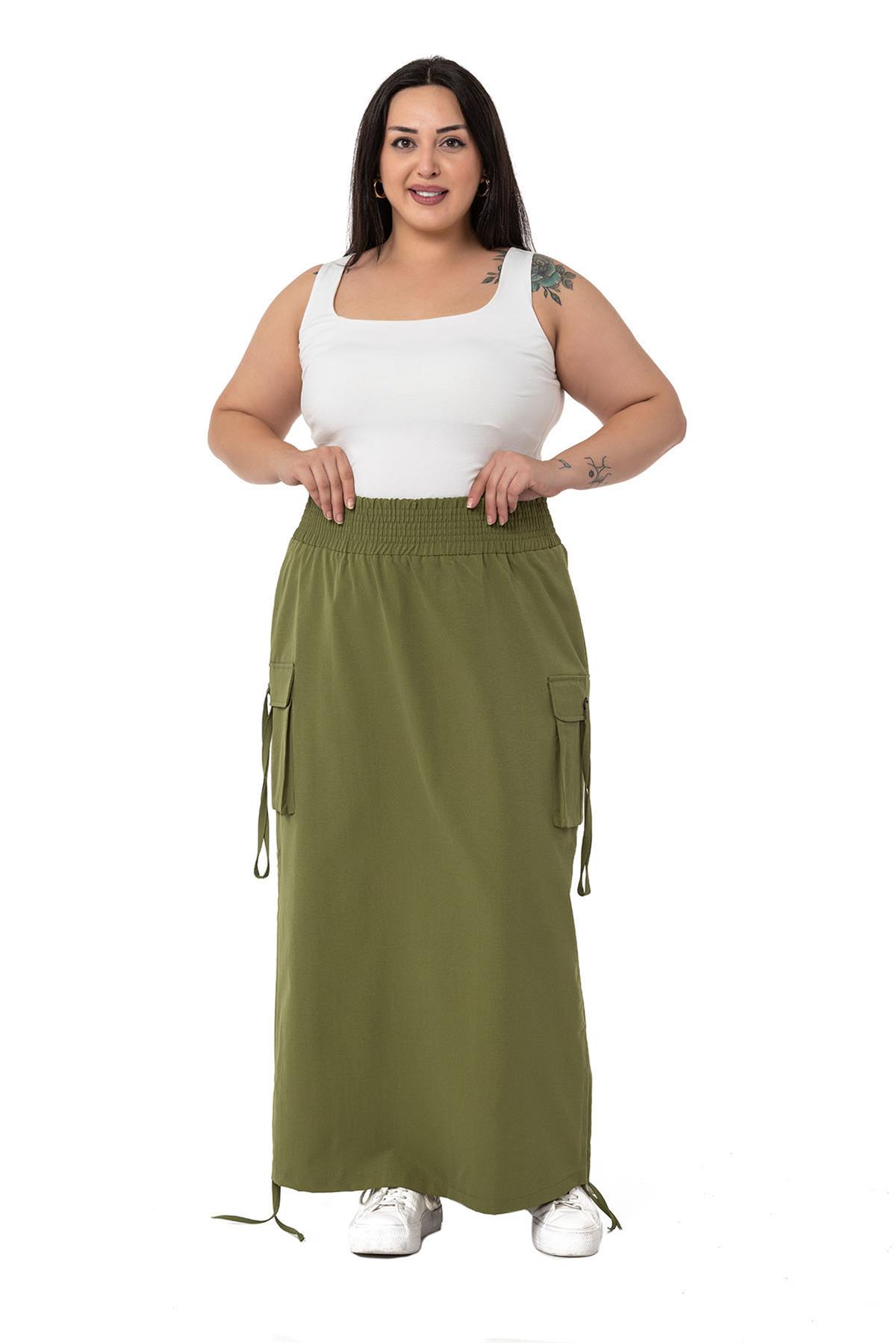 Plus Size Parachute Long Khaki Skirt with Side Gather Detail and Elastic Waist