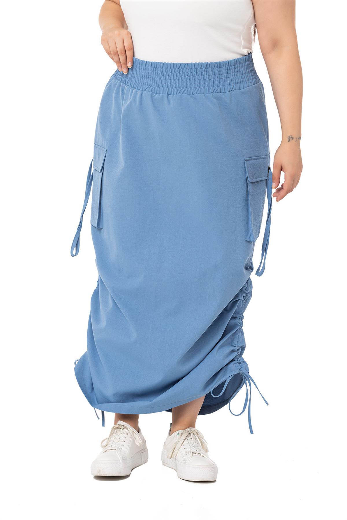 Plus Size Parachute Long Blue Skirt with Side Gather Detail and Elastic Waist