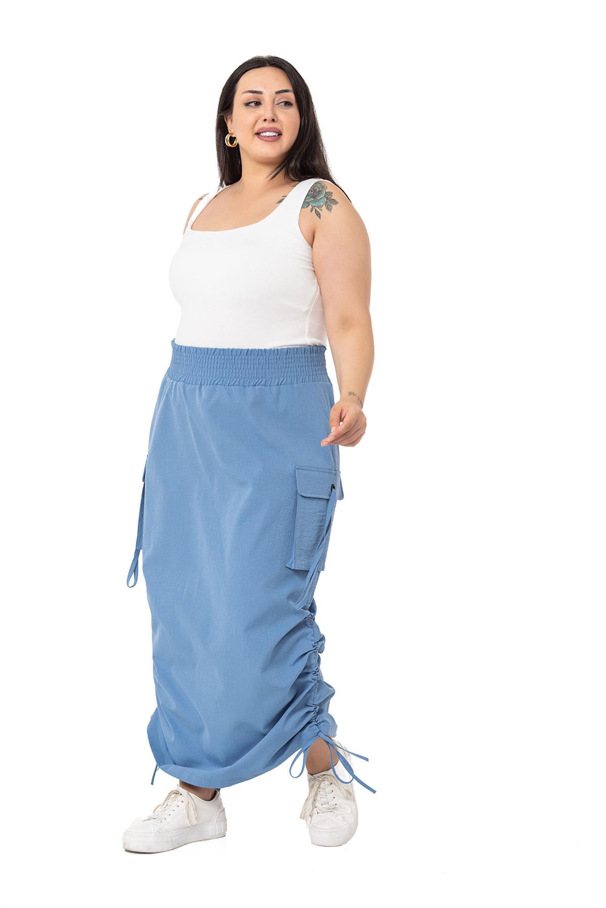 Plus Size Parachute Long Blue Skirt with Side Gather Detail and Elastic Waist