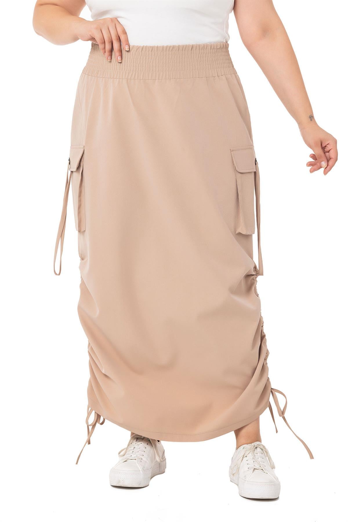 Plus Size Parachute Long Mink Skirt with Side Gather Detail and Elastic Waist