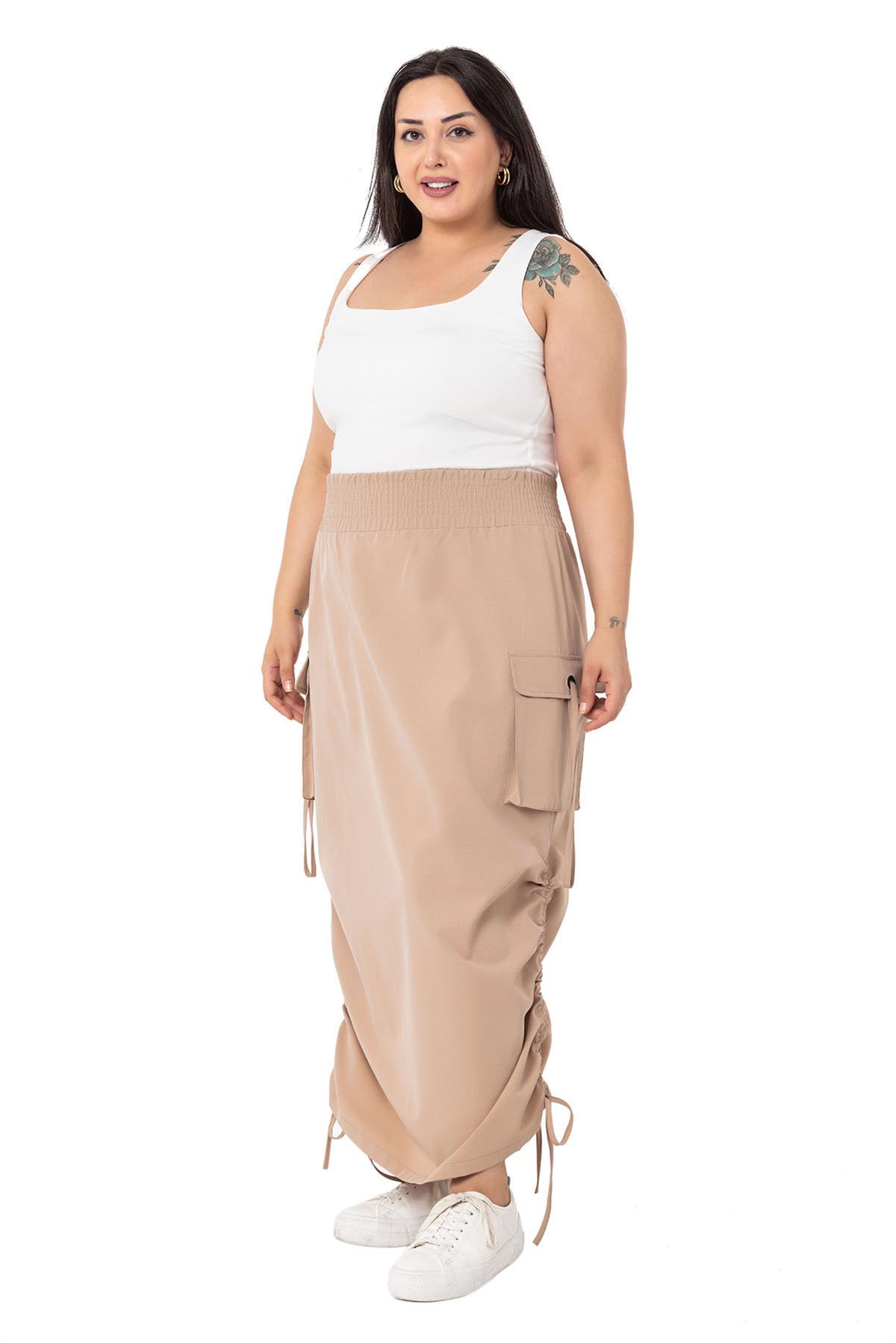 Plus Size Parachute Long Mink Skirt with Side Gather Detail and Elastic Waist