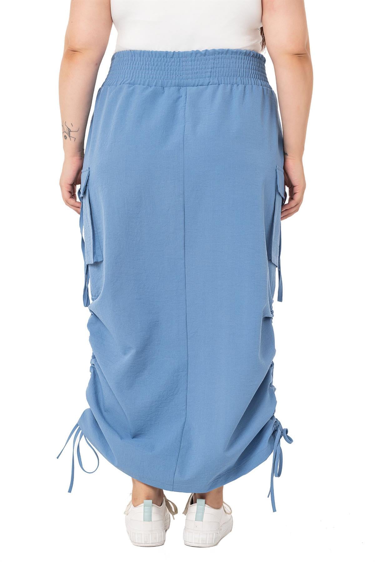 Plus Size Parachute Long Blue Skirt with Side Gather Detail and Elastic Waist