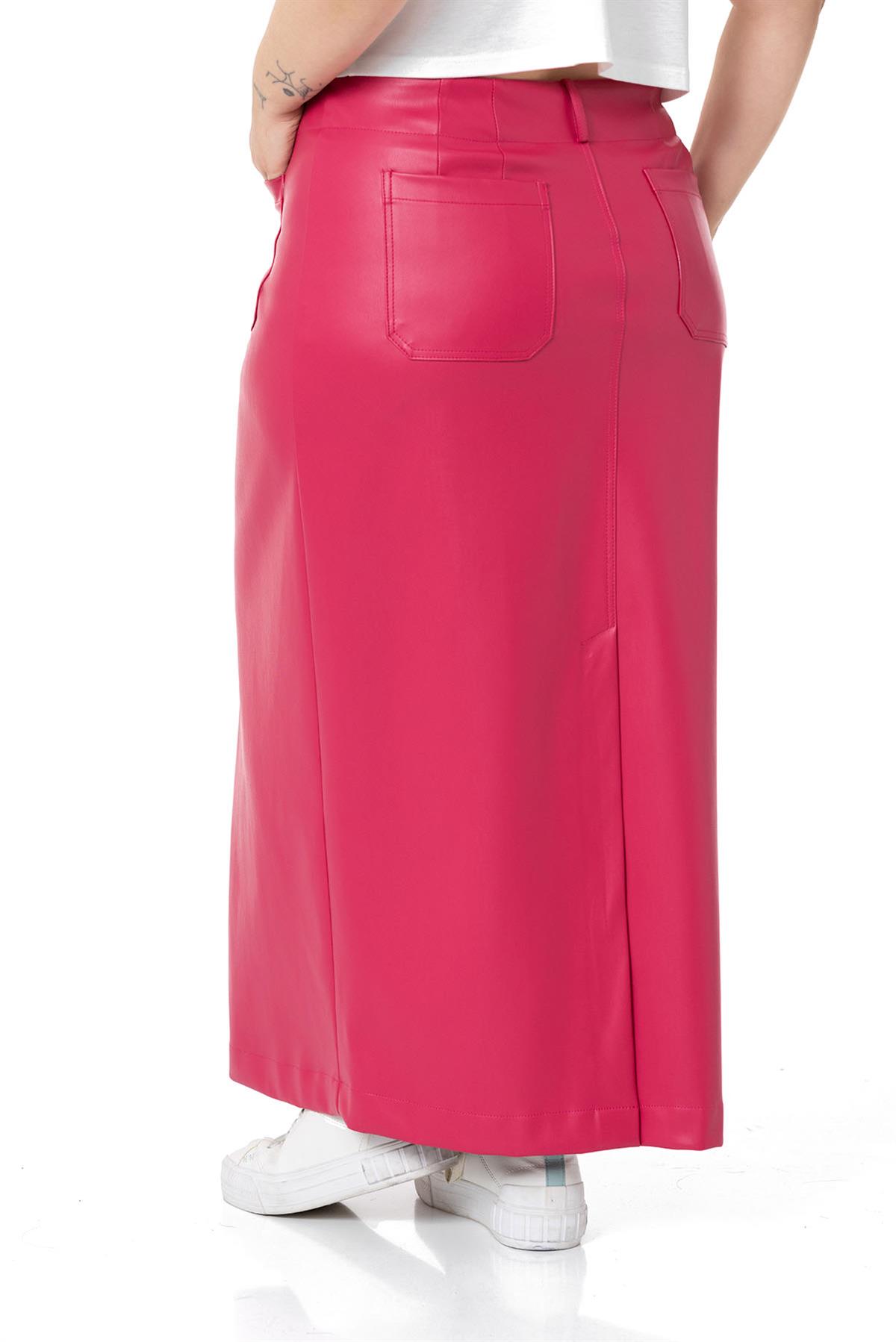 Plus Size Slit Detailed Long Fuchsia Leather Skirt with Pockets