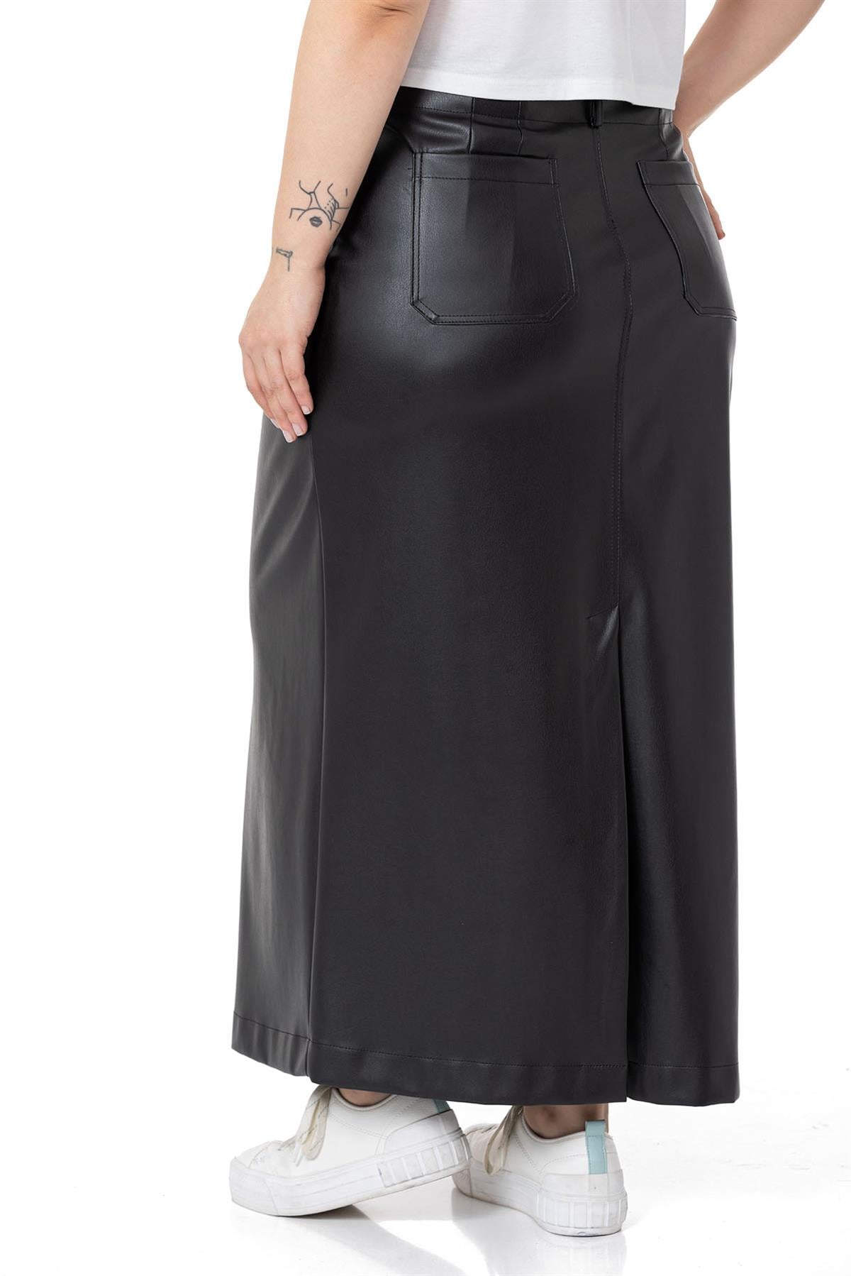 Plus Size Slit Detailed Long Black Leather Skirt with Pockets
