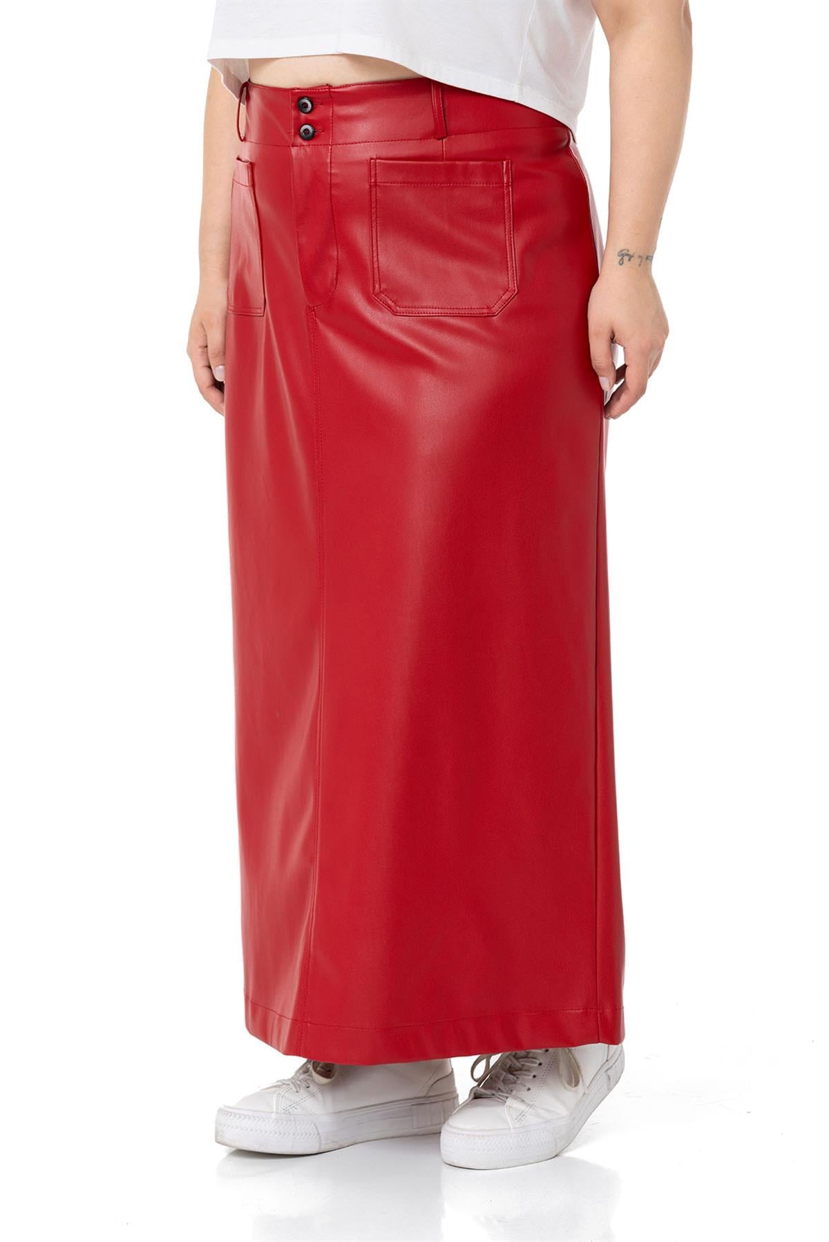 Plus Size Slit Detailed Long Red Leather Skirt with Pockets