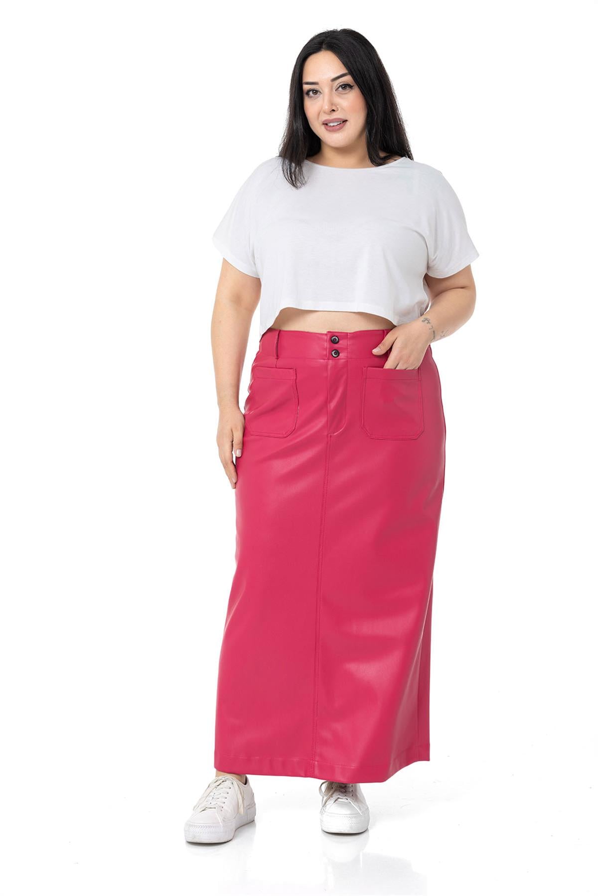 Plus Size Slit Detailed Long Fuchsia Leather Skirt with Pockets