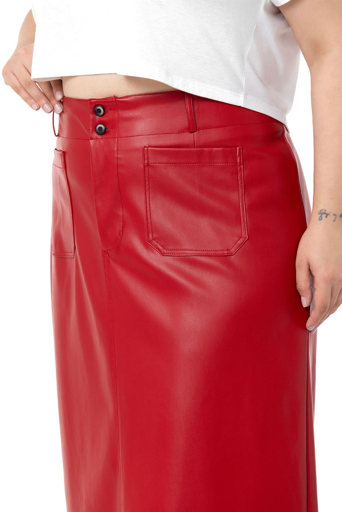 Plus Size Slit Detailed Long Red Leather Skirt with Pockets