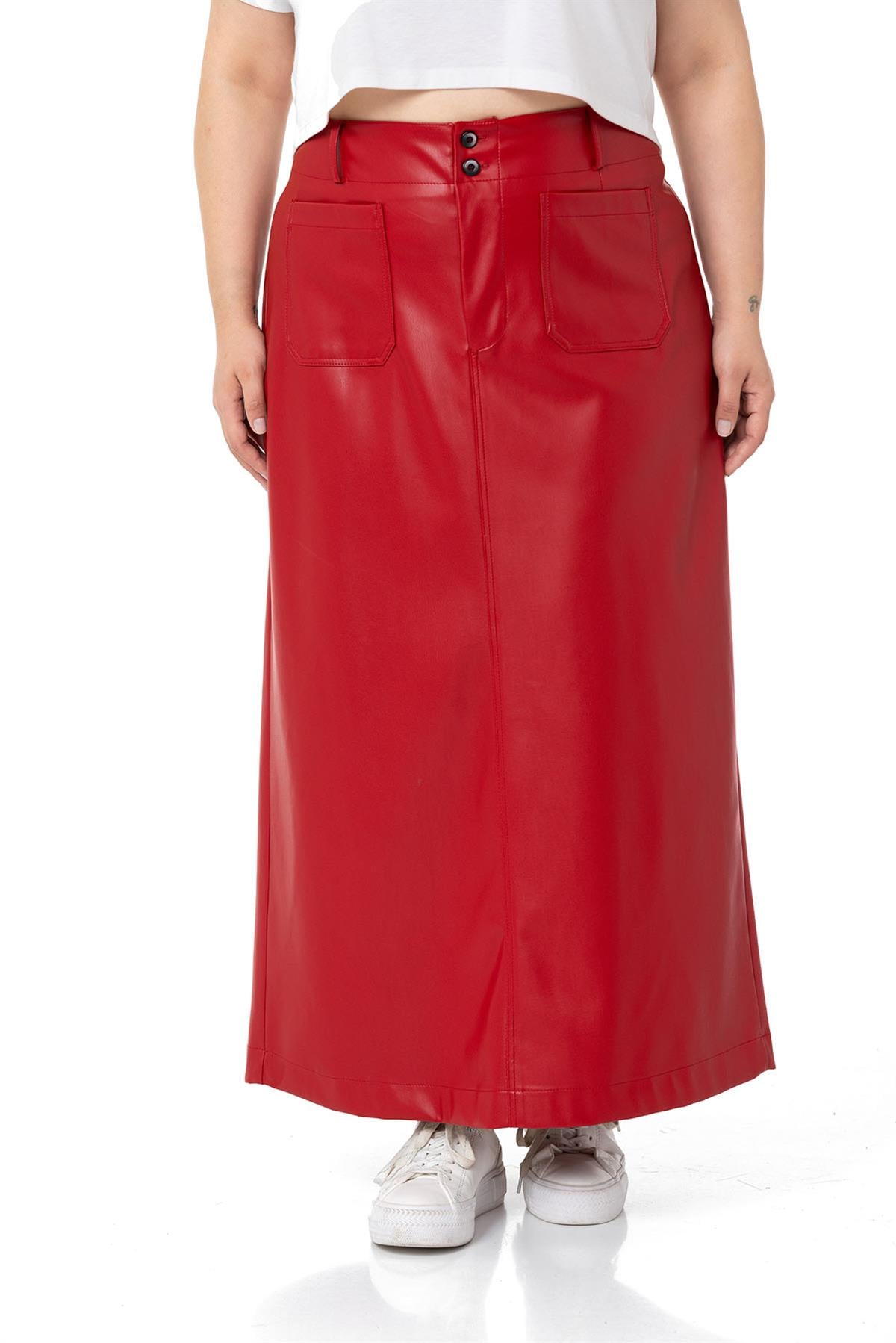 Plus Size Slit Detailed Long Red Leather Skirt with Pockets