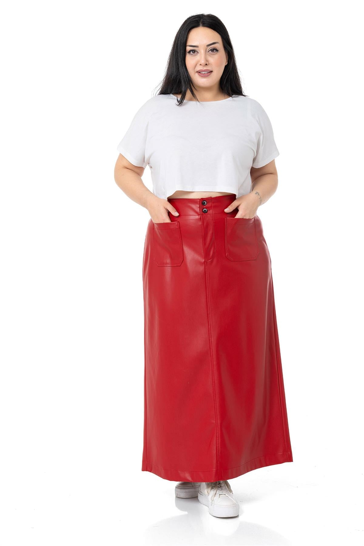 Plus Size Slit Detailed Long Red Leather Skirt with Pockets