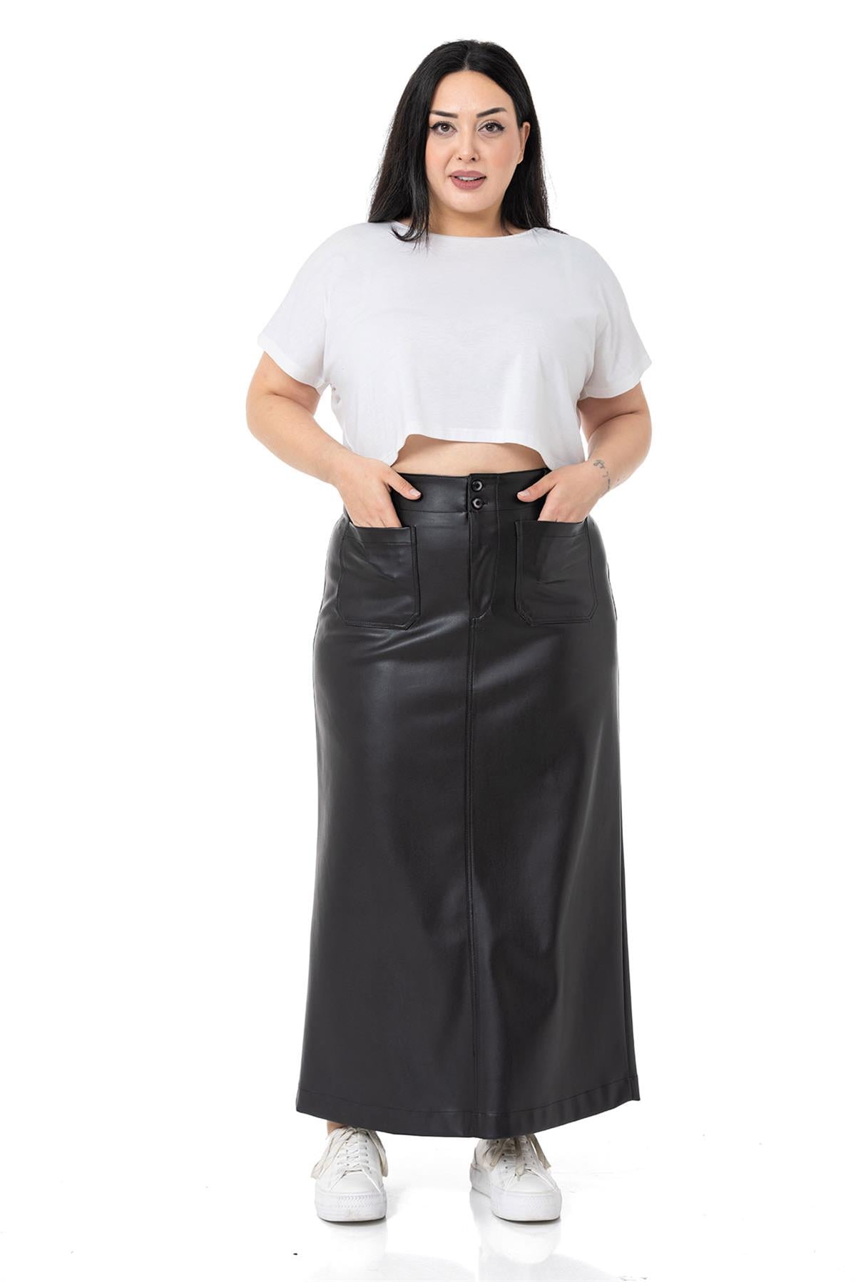 Plus Size Slit Detailed Long Black Leather Skirt with Pockets