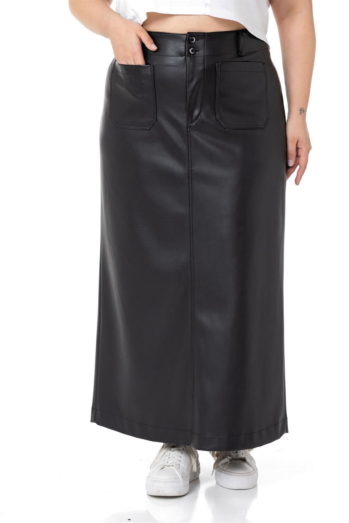 Plus Size Slit Detailed Long Black Leather Skirt with Pockets