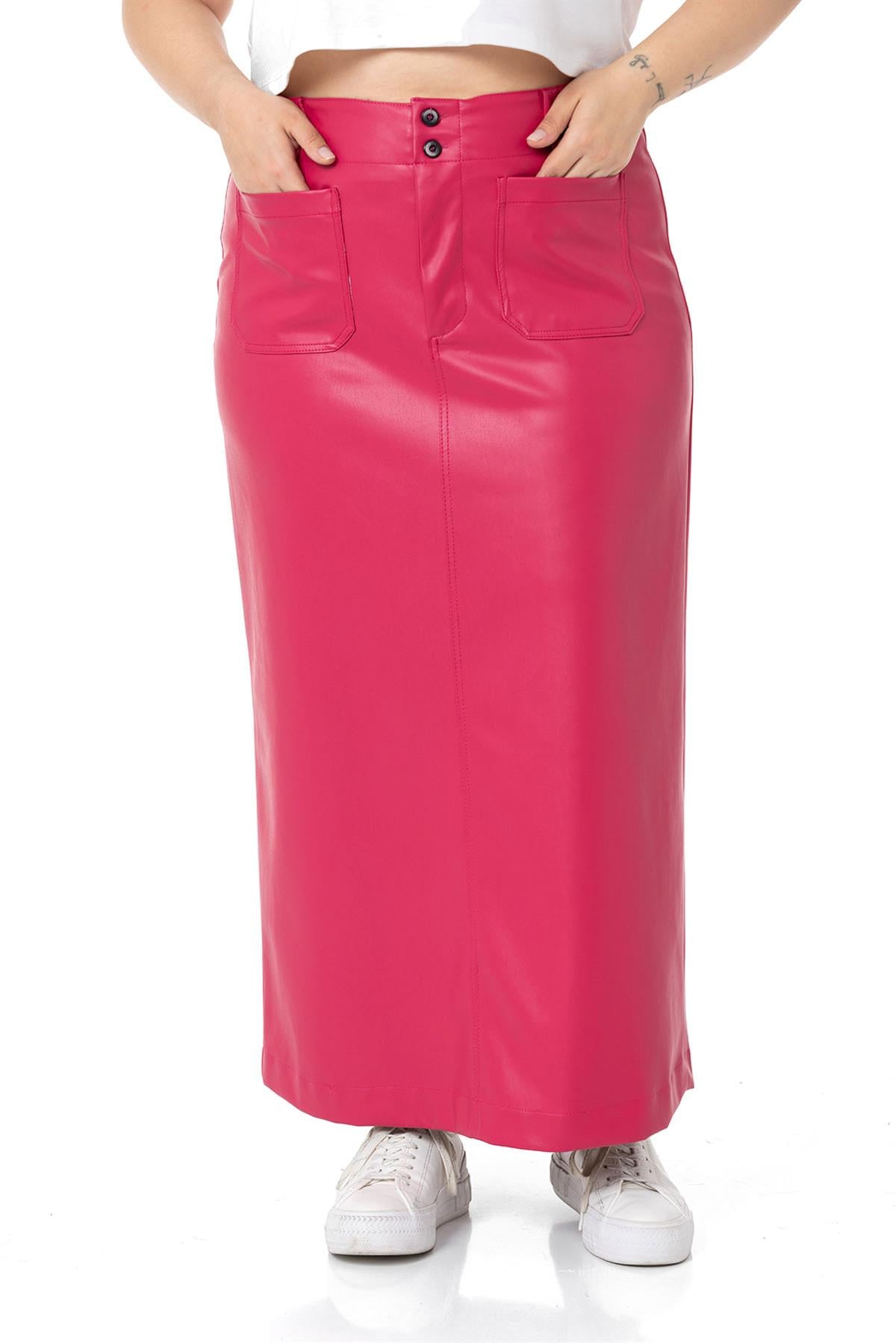 Plus Size Slit Detailed Long Fuchsia Leather Skirt with Pockets