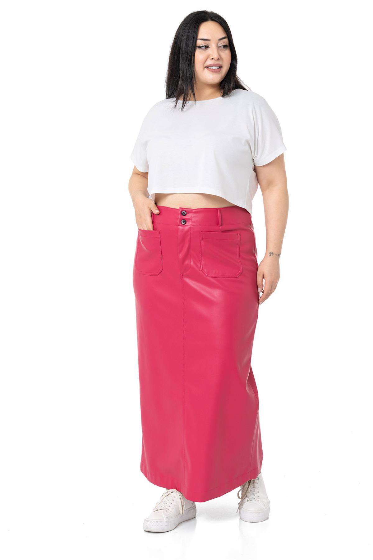 Plus Size Slit Detailed Long Fuchsia Leather Skirt with Pockets