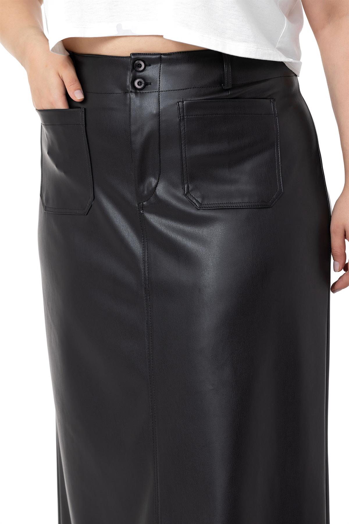 Plus Size Slit Detailed Long Black Leather Skirt with Pockets