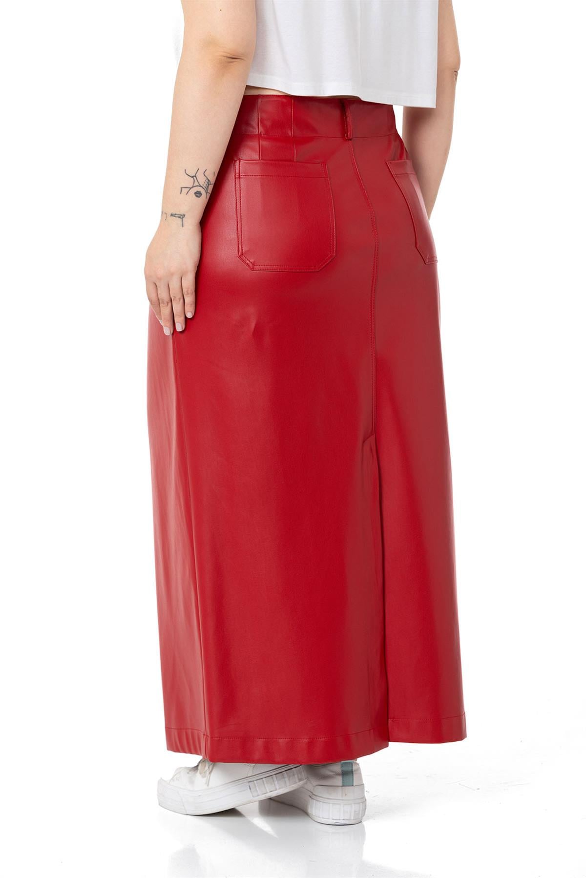 Plus Size Slit Detailed Long Red Leather Skirt with Pockets