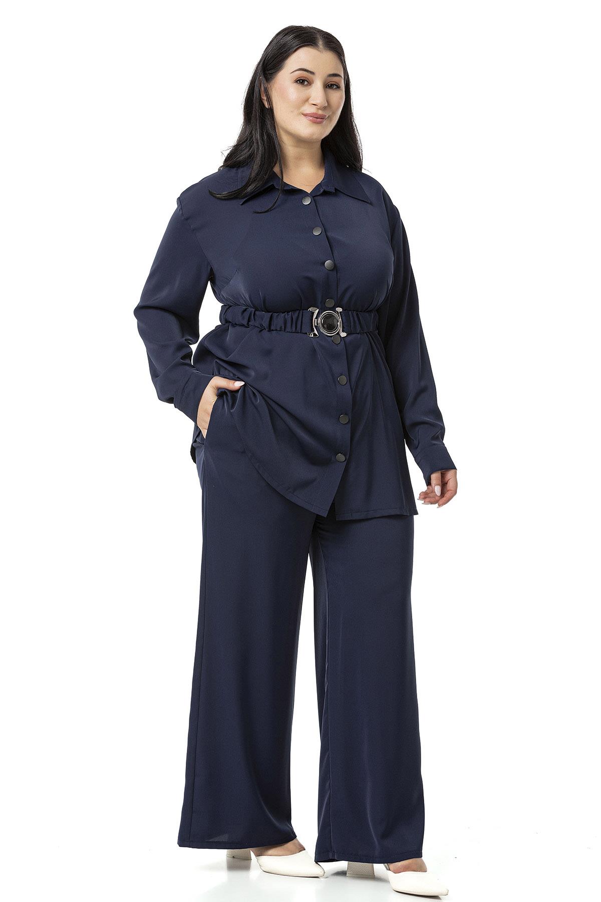 Plus Size Belted Shirt Trousers Navy Blue Double Suit