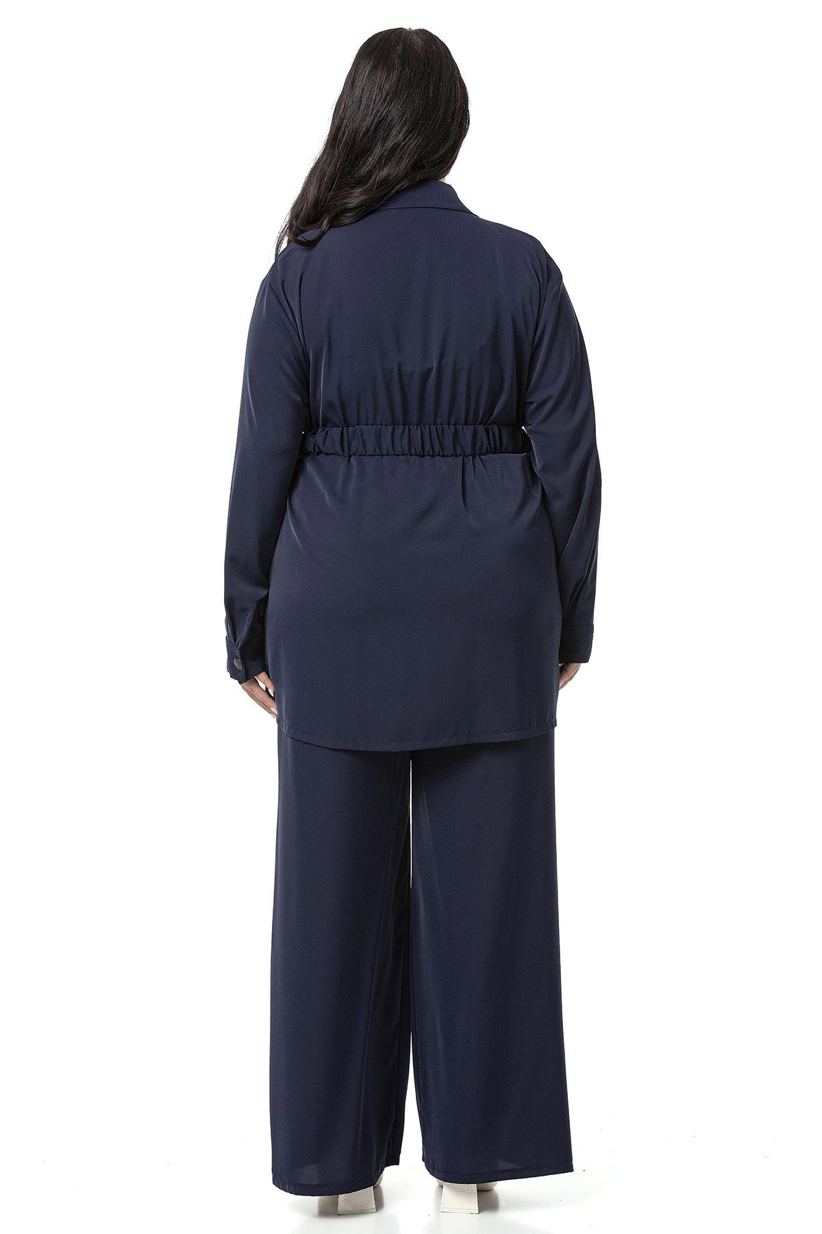 Plus Size Belted Shirt Trousers Navy Blue Double Suit