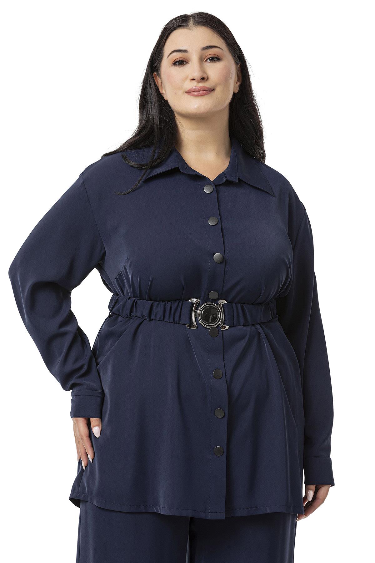 Plus Size Belted Shirt Trousers Navy Blue Double Suit