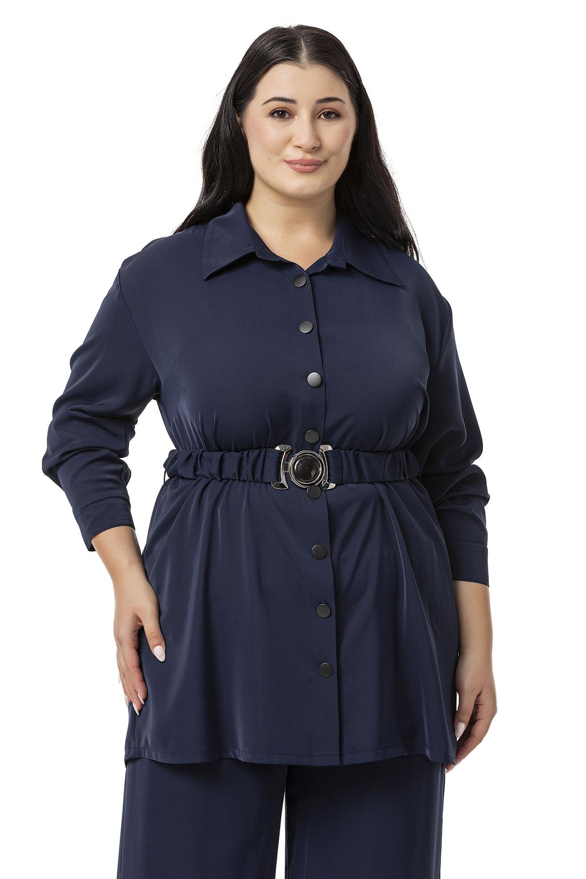Plus Size Belted Shirt Trousers Navy Blue Double Suit
