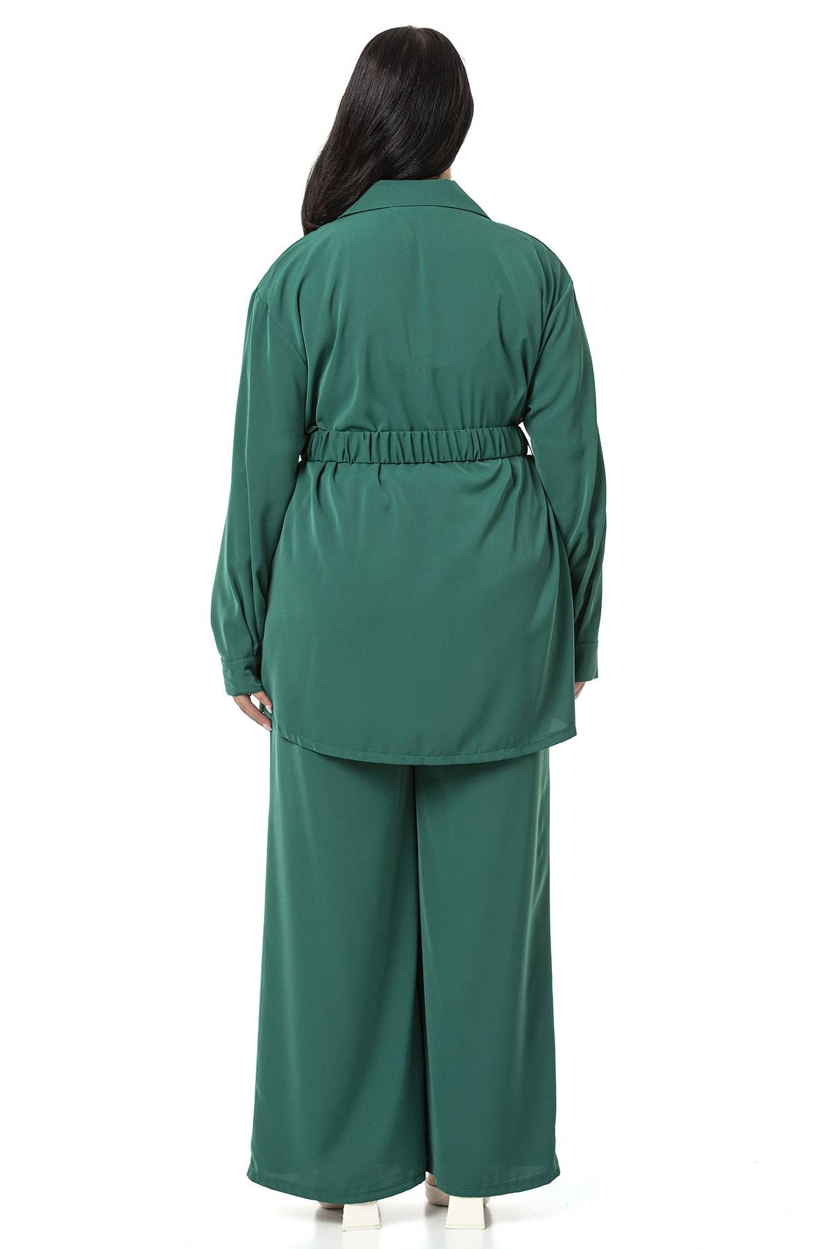 Büyük Beden Beli Kemerli Gömlek Pantolon Zümrüt İkili Takım 