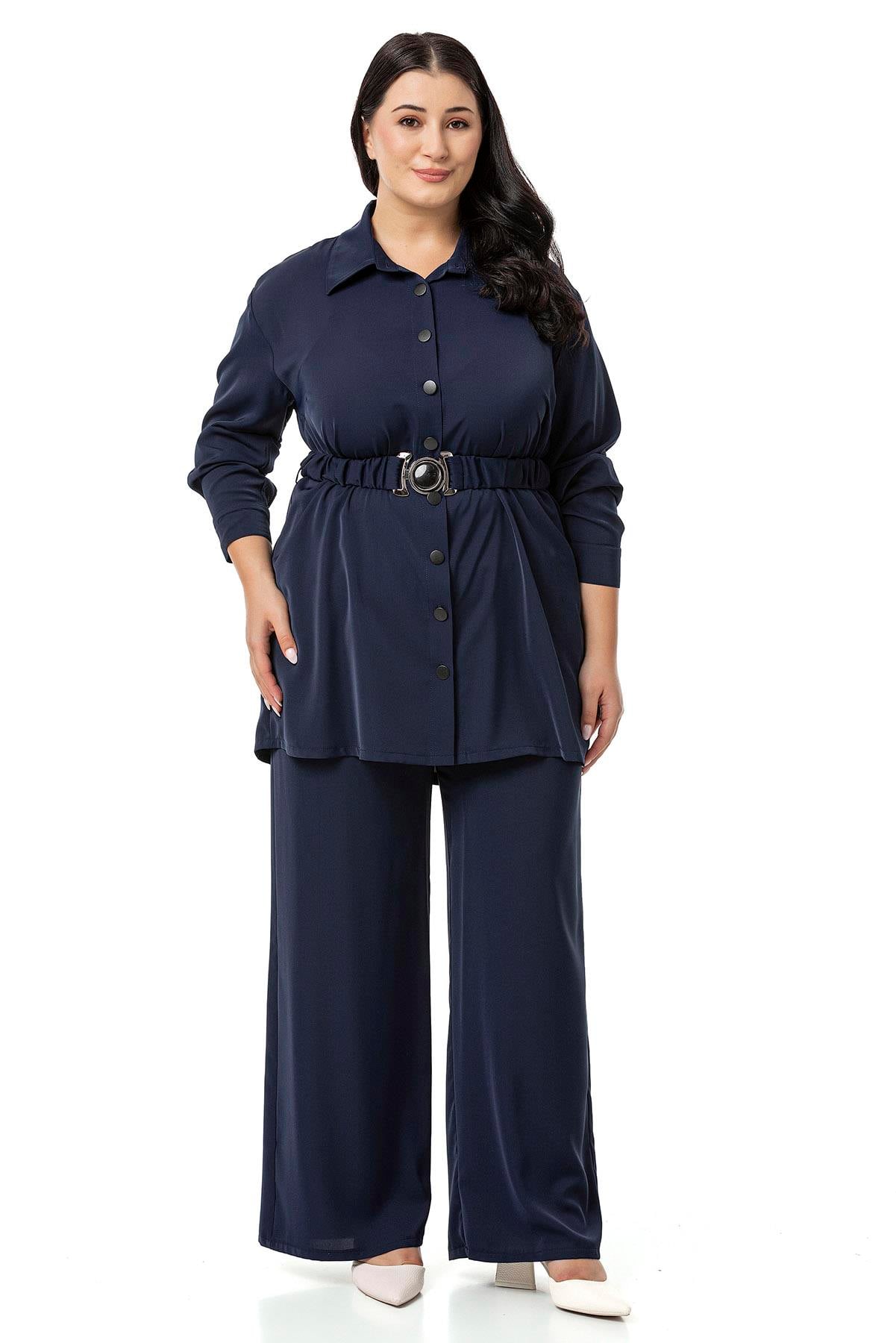 Plus Size Belted Shirt Trousers Navy Blue Double Suit