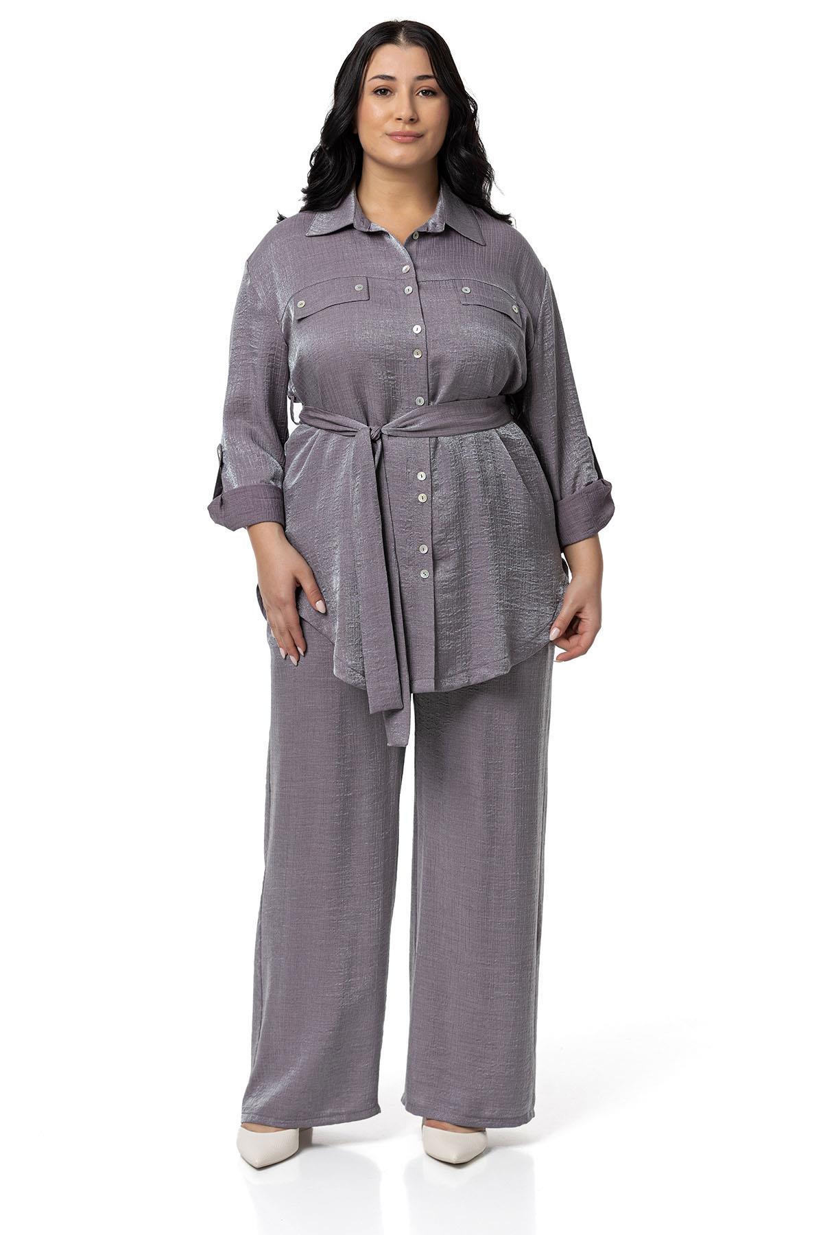Plus Size Shimmering Fabric Shirt Trousers Purple Double Suit