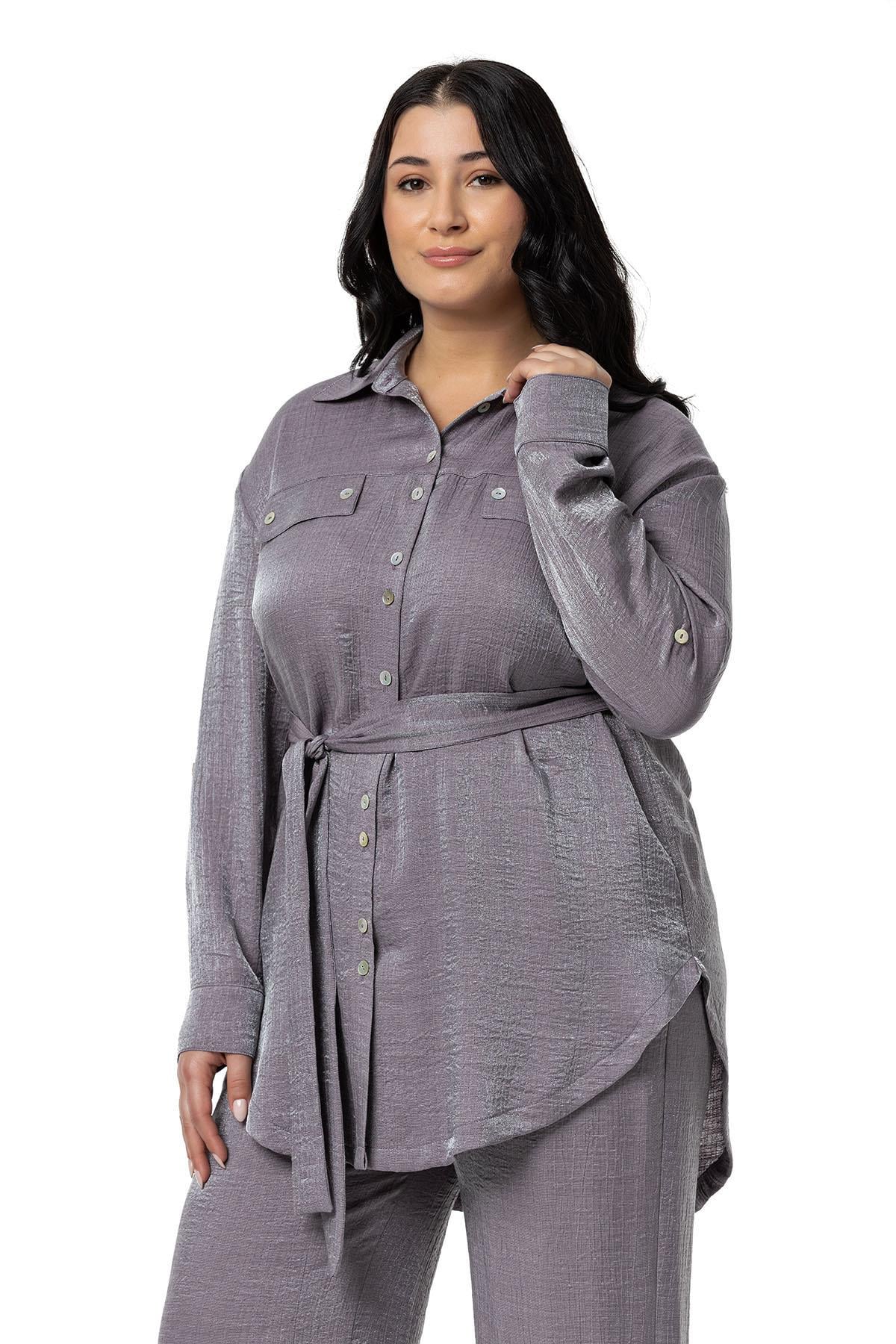 Plus Size Shimmering Fabric Shirt Trousers Purple Double Suit