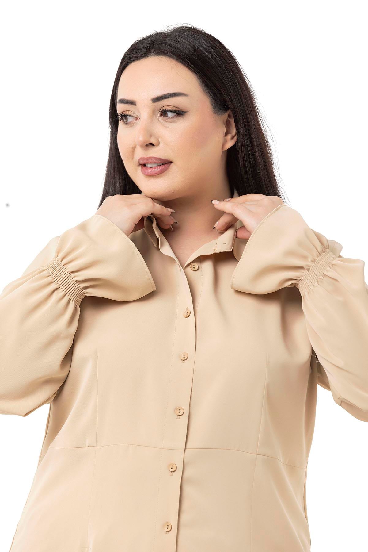 Plus Size Relaxed Cut Shirt and Trousers Beige Double Suit