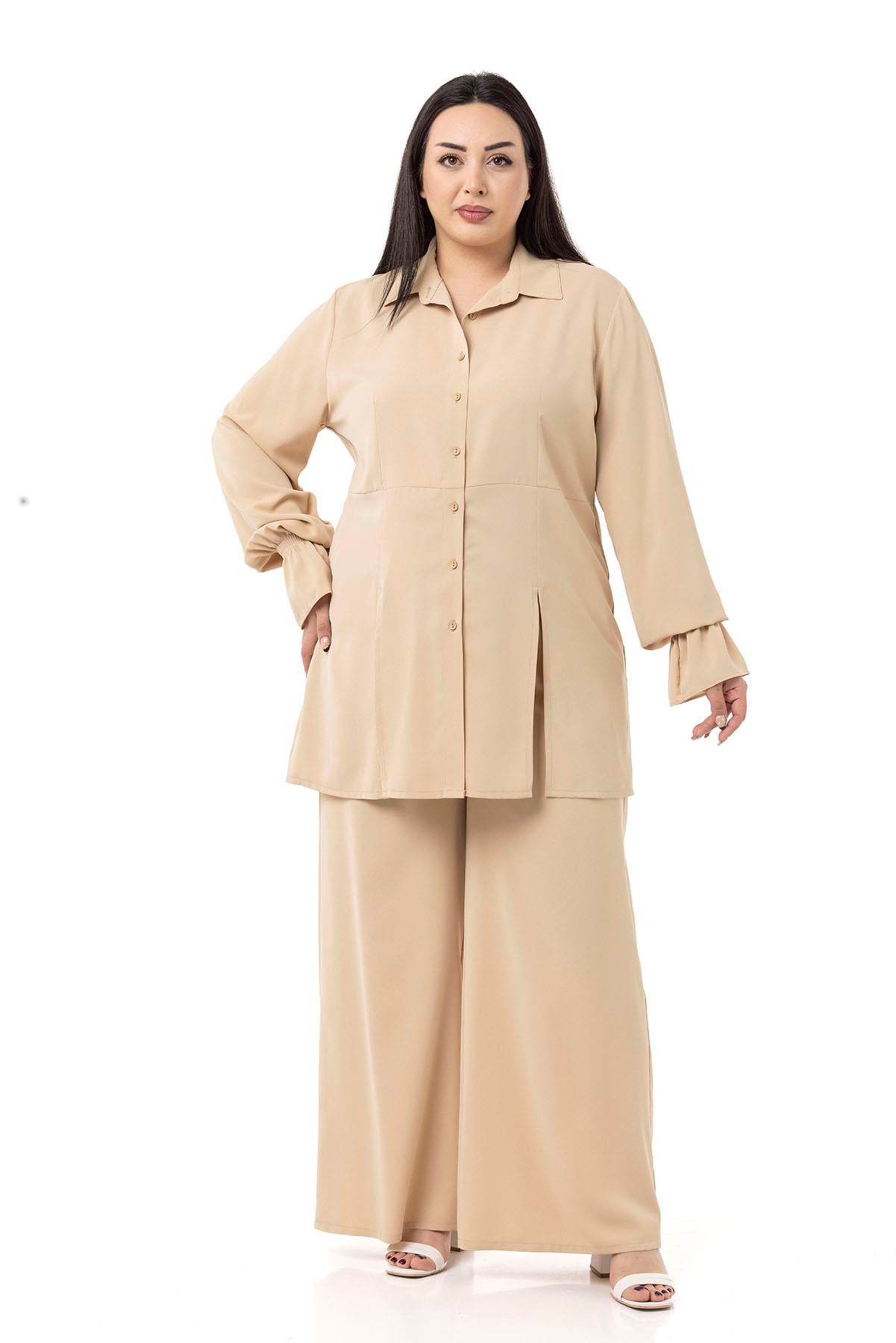 Plus Size Relaxed Cut Shirt and Trousers Beige Double Suit