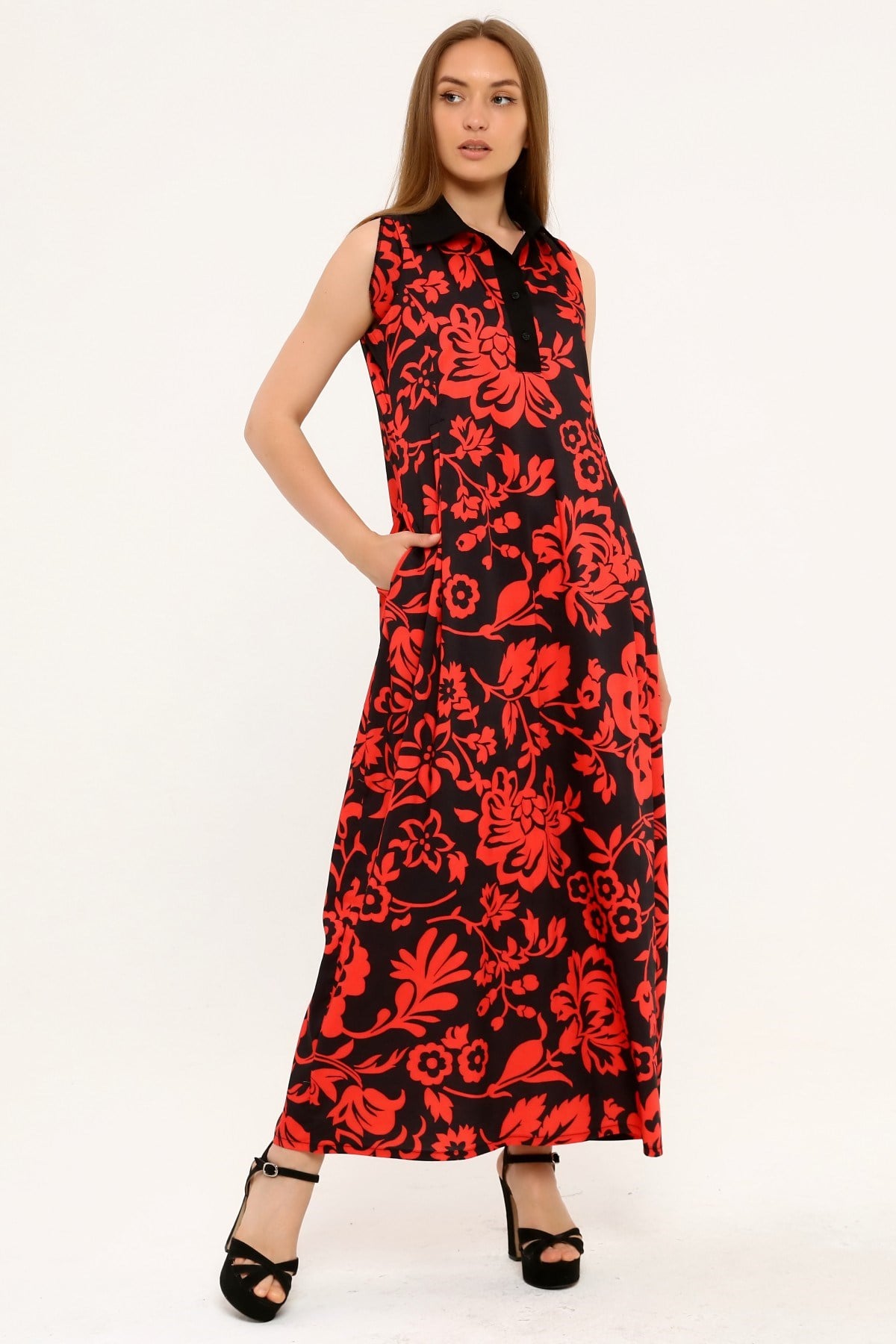 Shirt Collar Pleats Under the Breast Side Pockets Floral Patterned Long Red Dress
