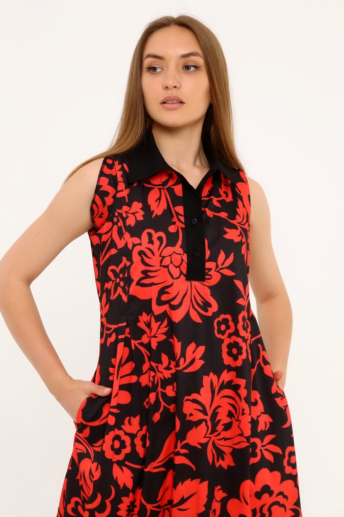 Shirt Collar Pleats Under the Breast Side Pockets Floral Patterned Long Red Dress