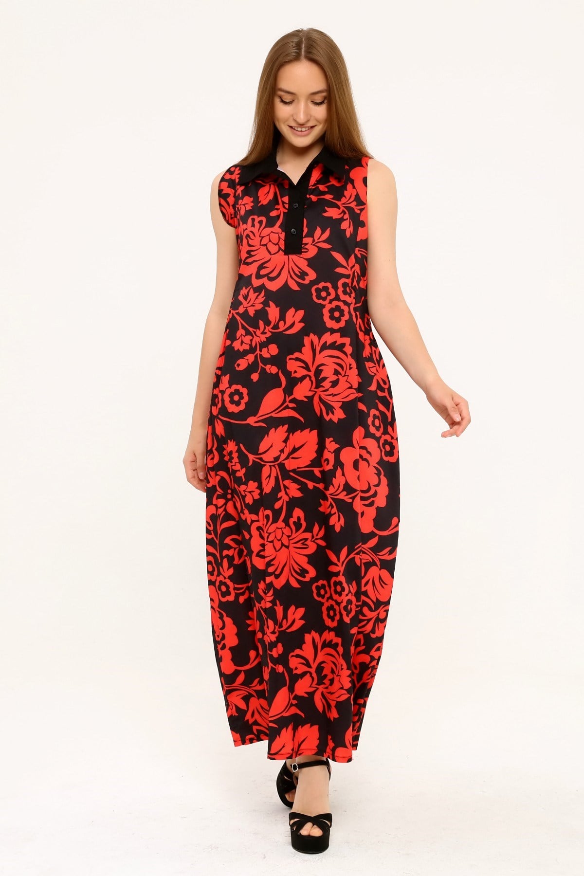 Shirt Collar Pleats Under the Breast Side Pockets Floral Patterned Long Red Dress