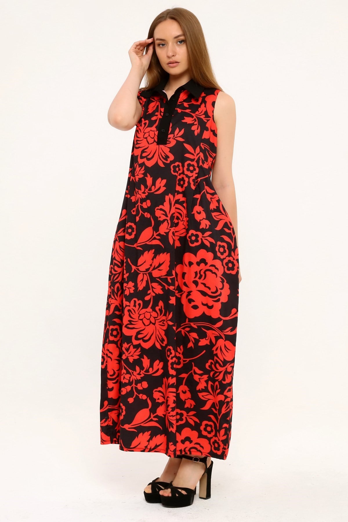 Shirt Collar Pleats Under the Breast Side Pockets Floral Patterned Long Red Dress