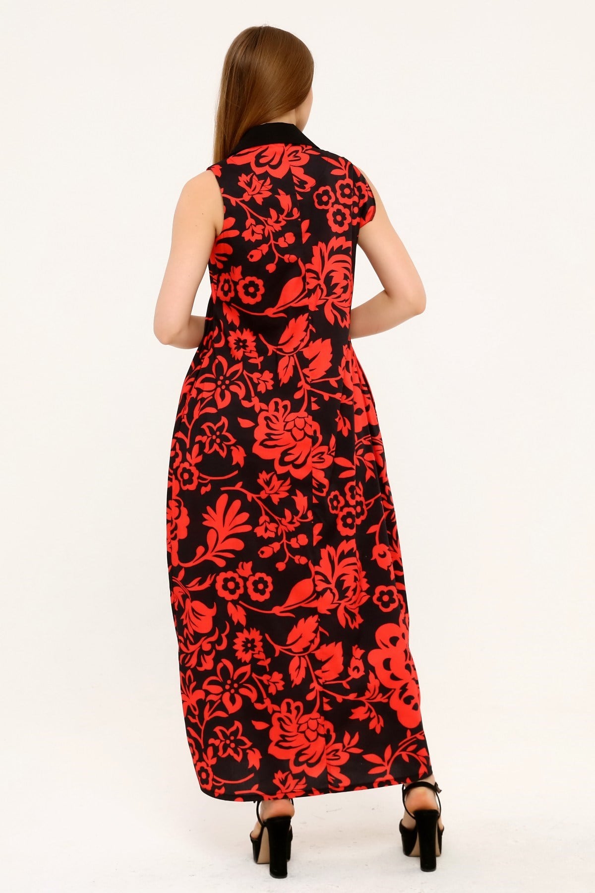 Shirt Collar Pleats Under the Breast Side Pockets Floral Patterned Long Red Dress