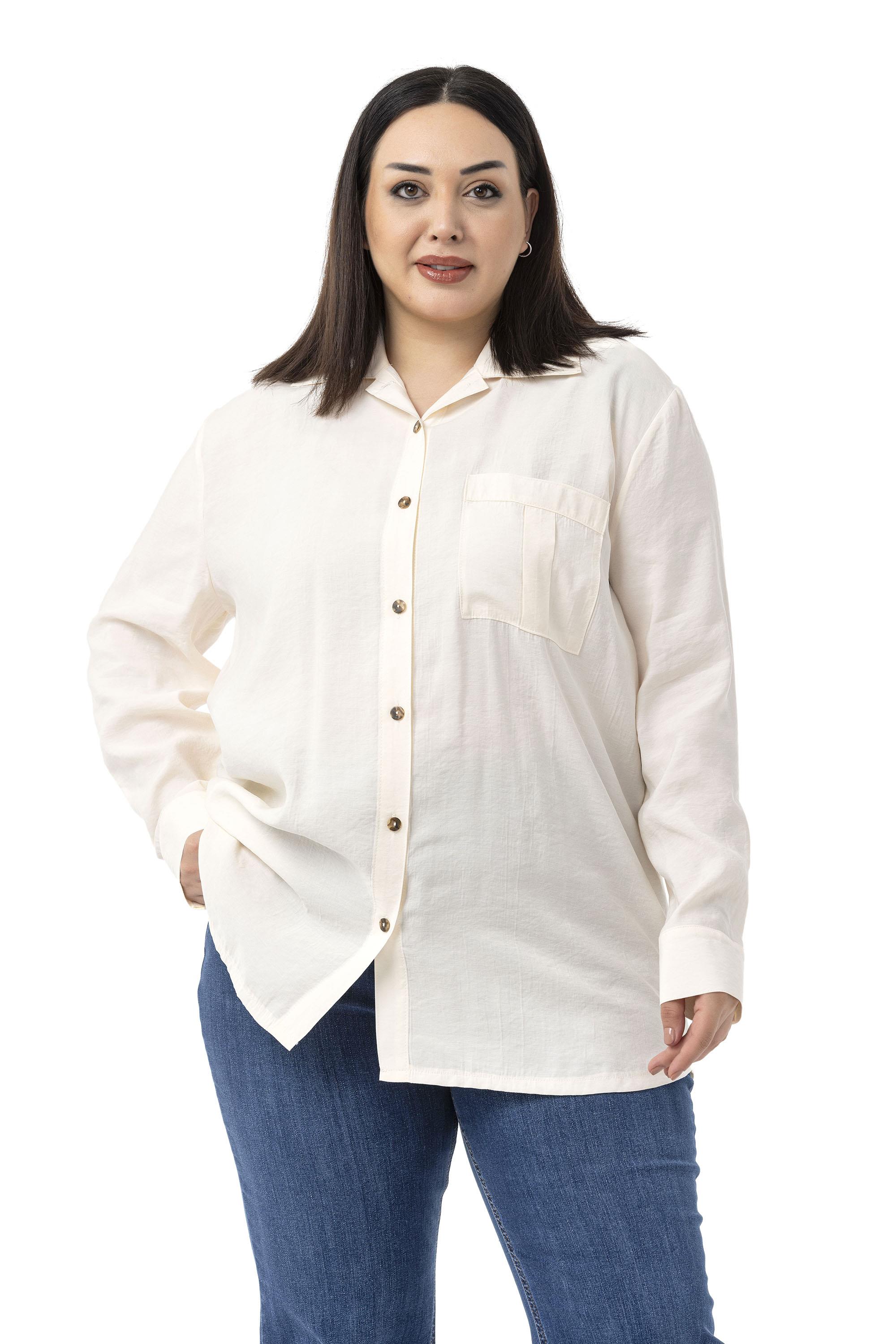 Büyük Beden Göğüste Tek Cepli Ekru Gömlek