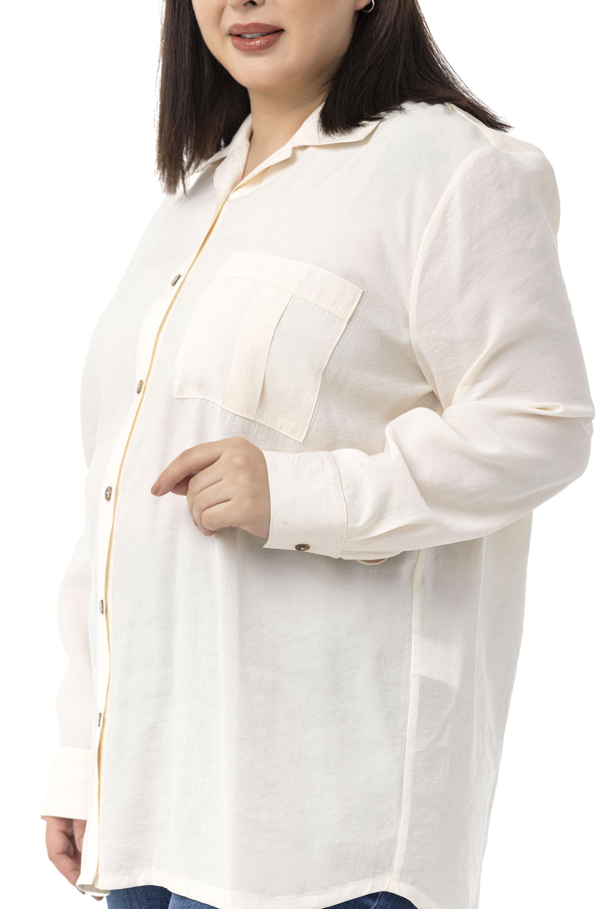 Büyük Beden Göğüste Tek Cepli Ekru Gömlek