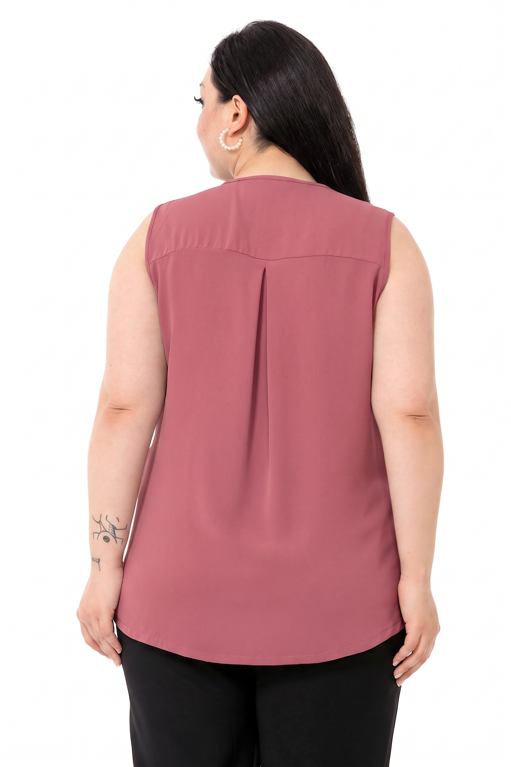 Büyük Beden Kaplama Düğmeli Yanı Yırtmaçlı Kolsuz Gül Kurusu Gömlek