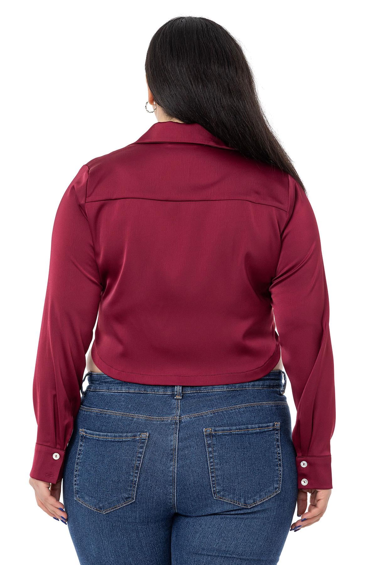 Büyük Beden Saten Manşetli Bordo Crop Gömlek