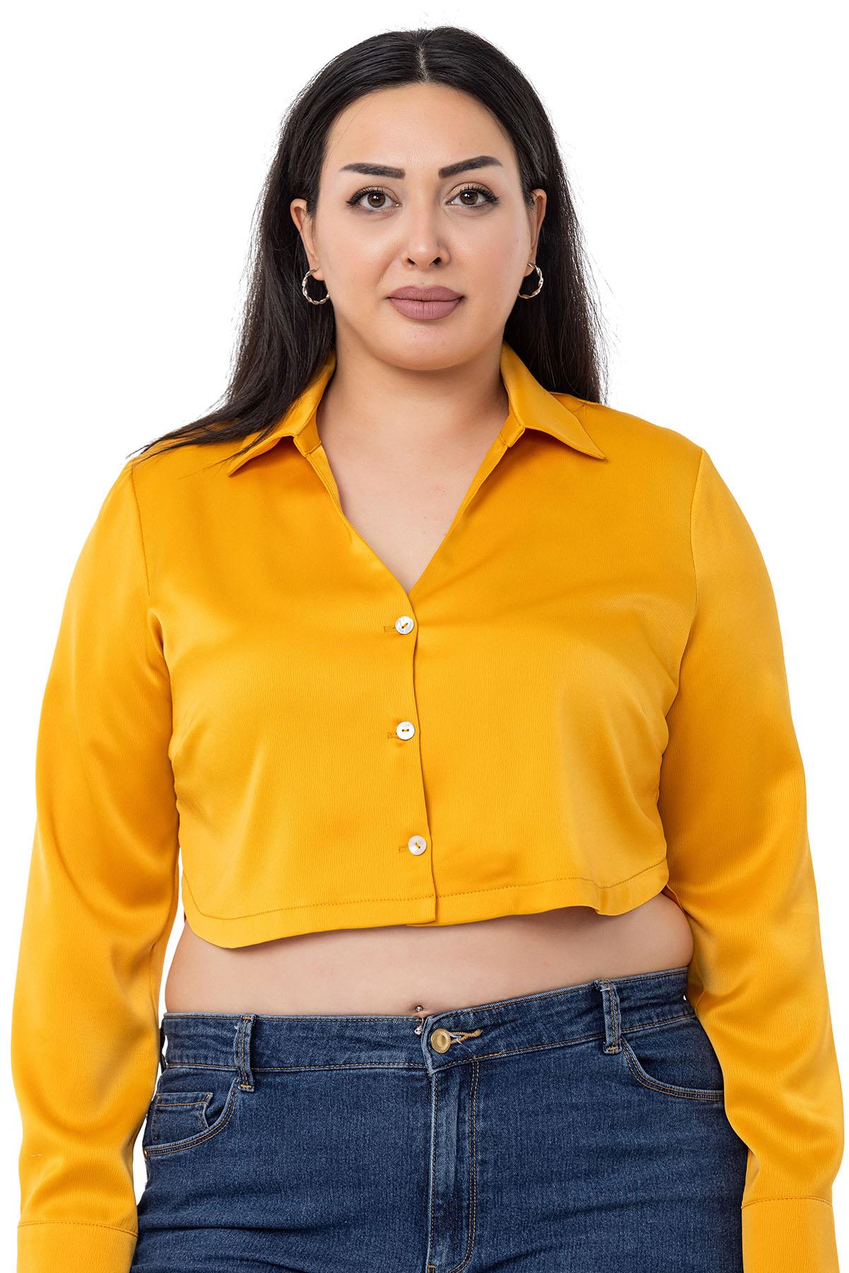 Büyük Beden Saten Manşetli Hardal Crop Gömlek