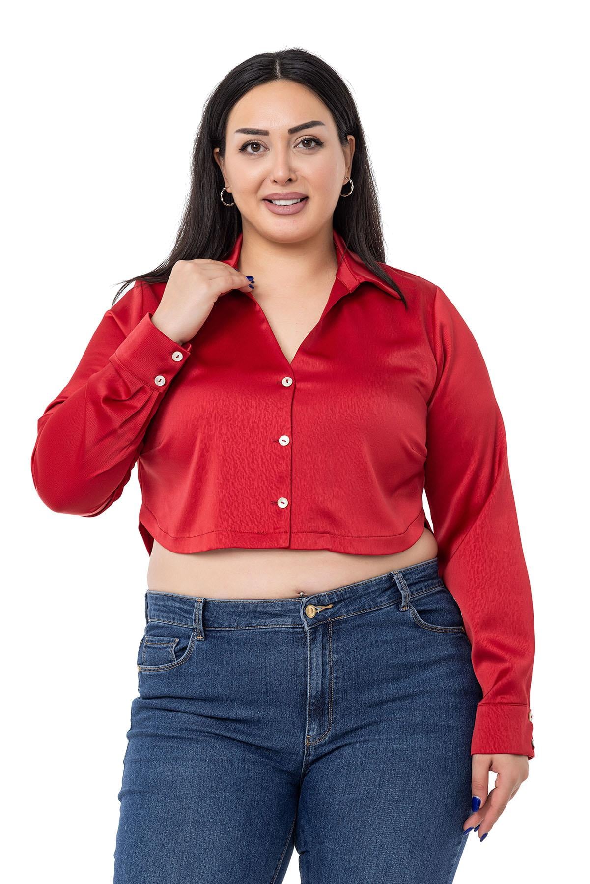 Büyük Beden Saten Manşetli Kırmızı Crop Gömlek
