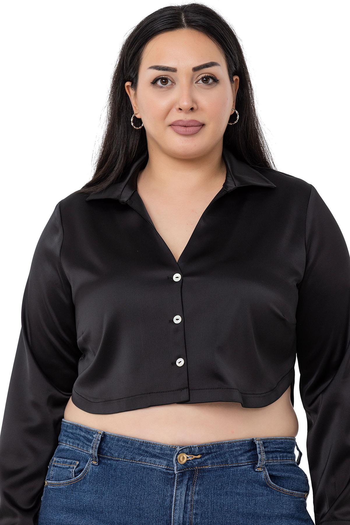 Büyük Beden Saten Manşetli Siyah Crop Gömlek