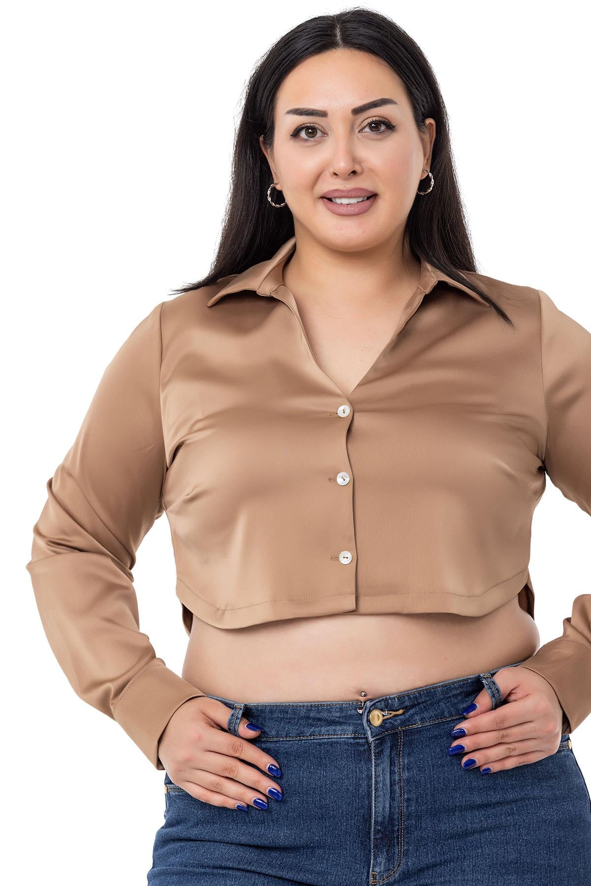 Büyük Beden Saten Manşetli Vizon Crop Gömlek