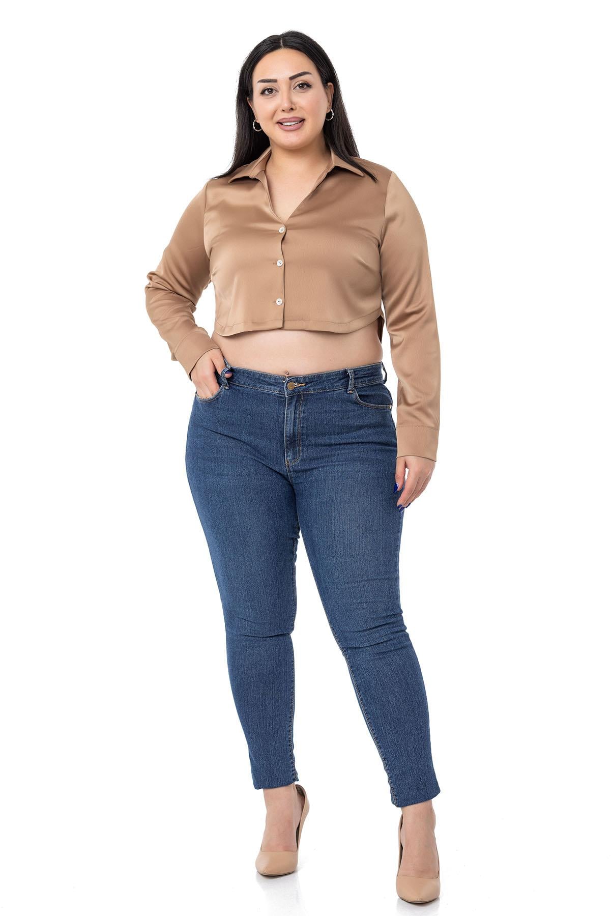 Büyük Beden Saten Manşetli Vizon Crop Gömlek