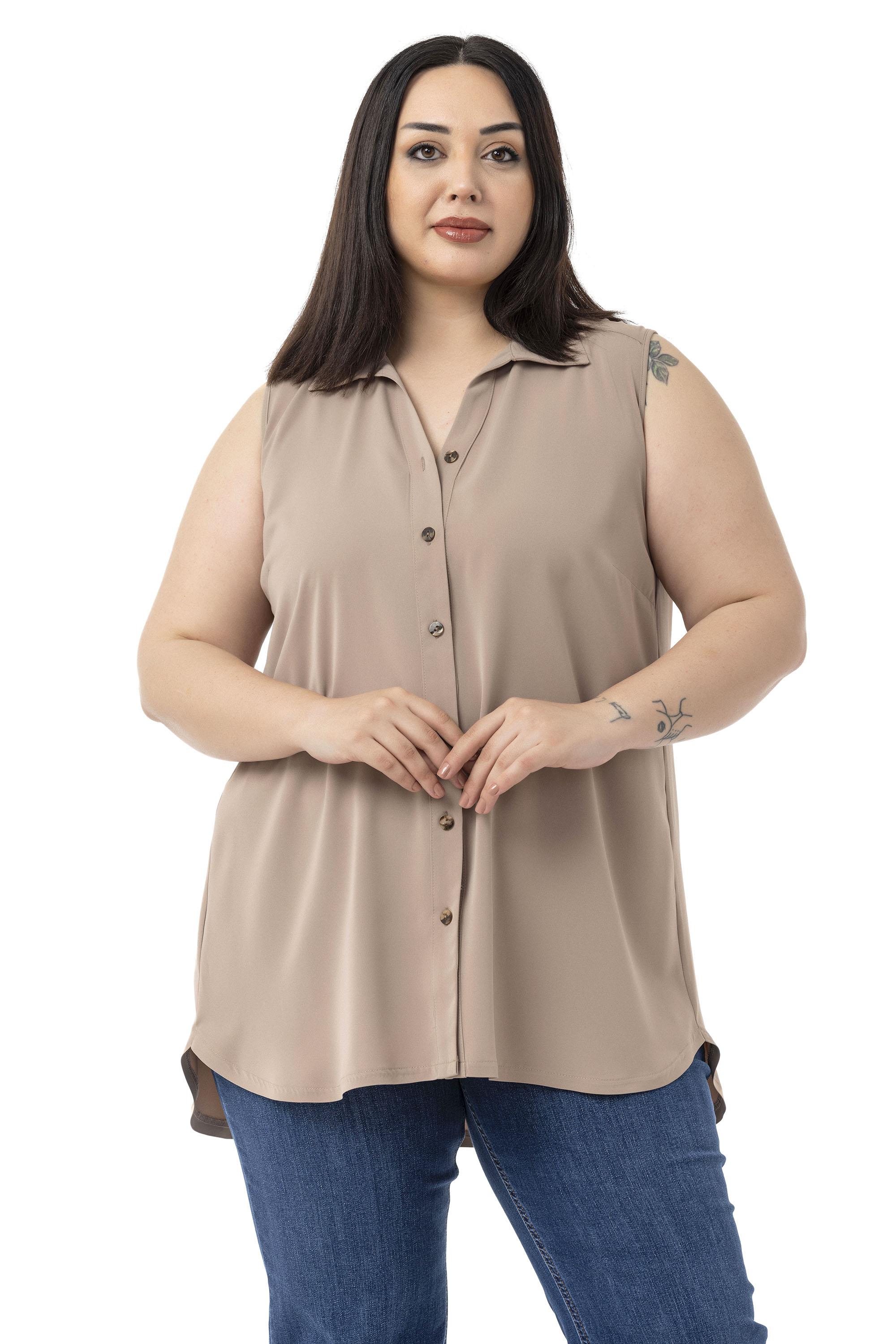 Büyük Beden Sırtta Plikaşe Detaylı Kolsuz Vizon Gömlek