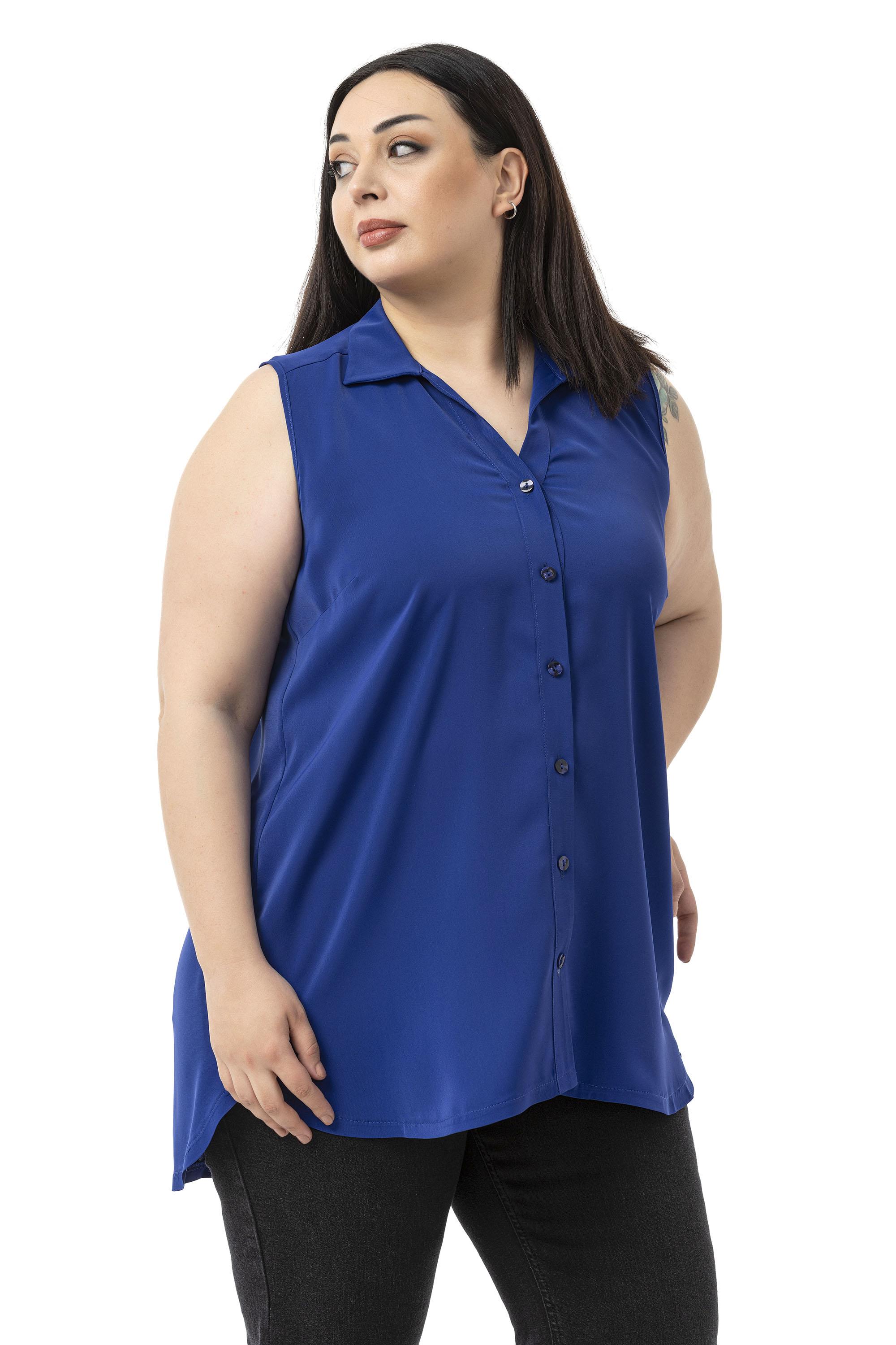 Büyük Beden Sırtta Plikaşe Detaylı Kolsuz Saks Mavi Gömlek